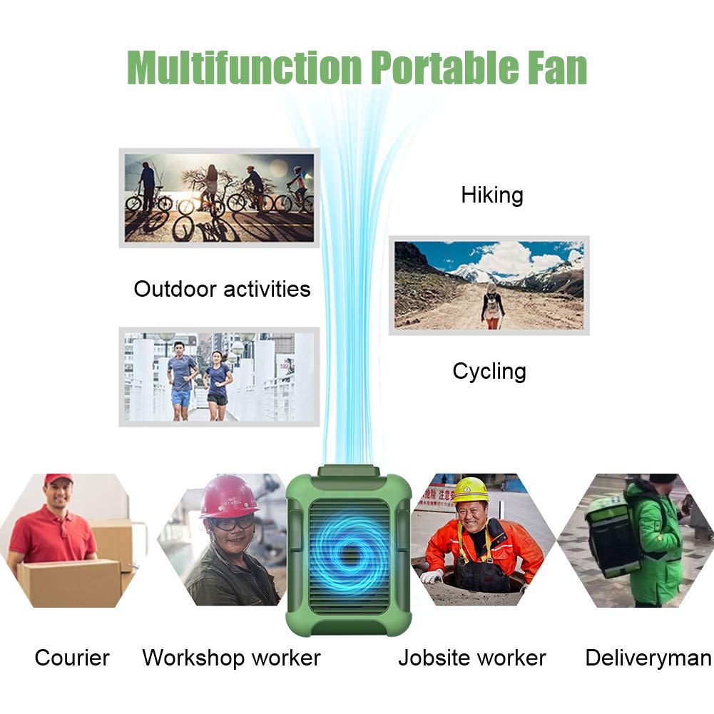 Normia Rita Portable Green Clip-On Fan, USB Necklace Fan for Travel, Outdoor & Jobsite, 7000RPM Strong Airflow, 3 Adjustable Speeds