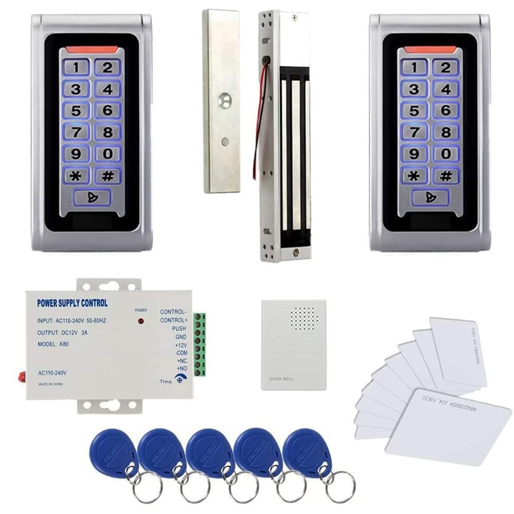 Mengqi Control Waterproof Metal Rfid+Pin Code Door Entry And Exit Verification System & 600Lbs Electric Magnetic Lock+110V Power Supply+Rfid Keychains/Cards