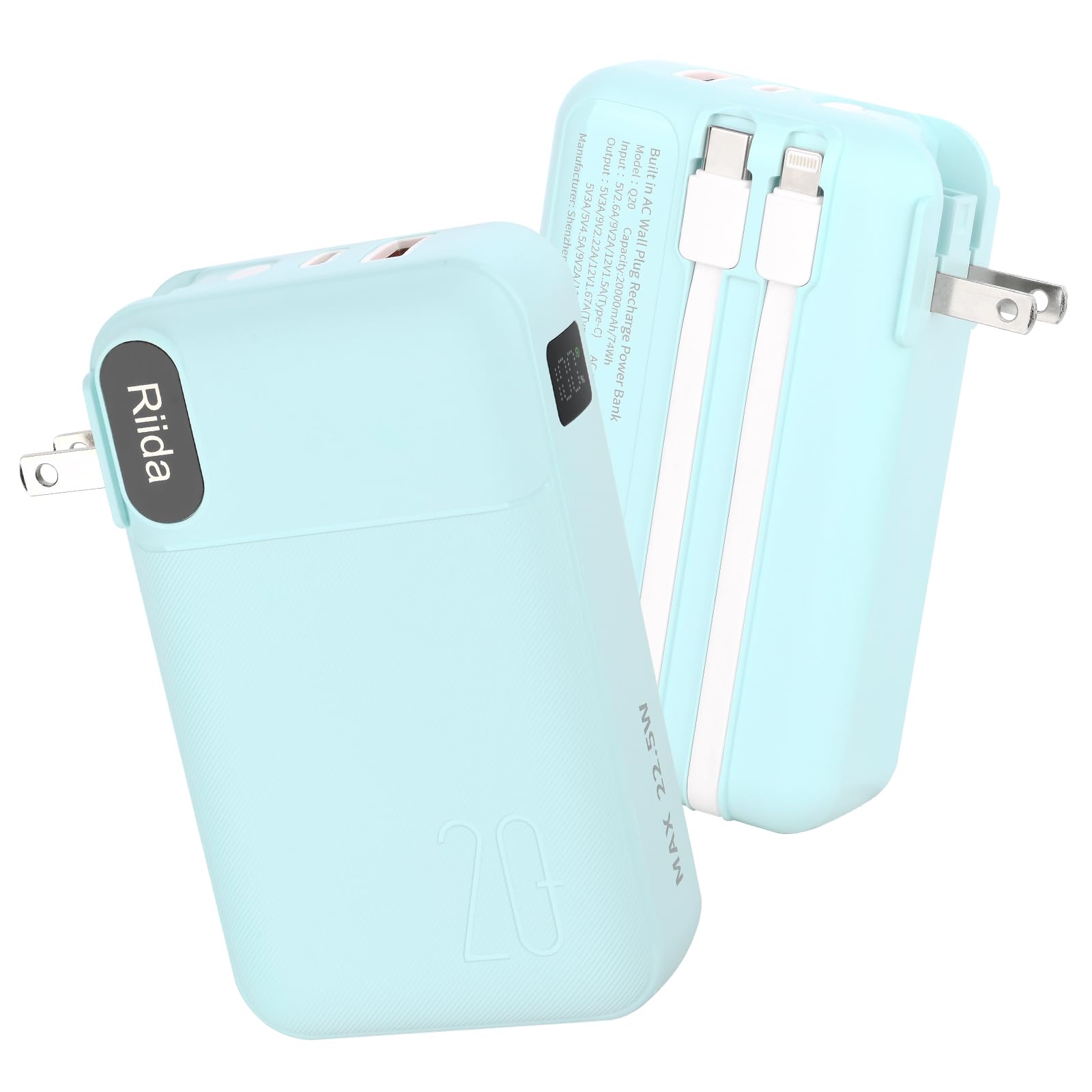 Portable Charger 20000mAh, Power Bank Builtin Cables & AC Wall Plug Travel