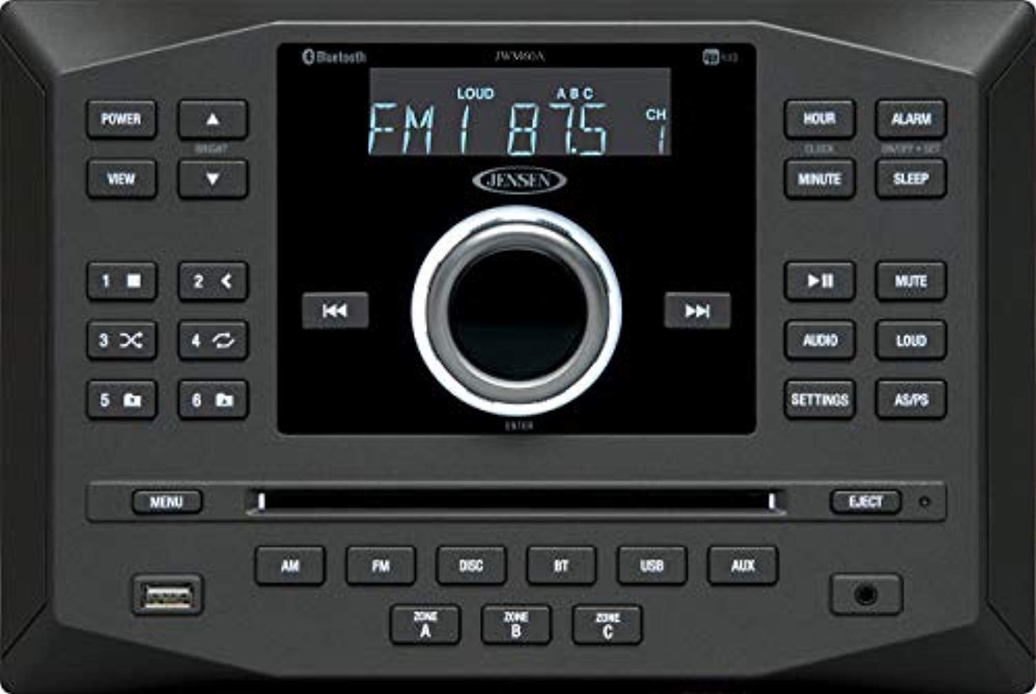 Jensen JWM62A AM|FM|DVD|CD|USB|AUX|App Ready Wallmount Stereo w/ App Control, 3-Speaker Zones / 8 Speaker Output 8X 6 Watt, Rece