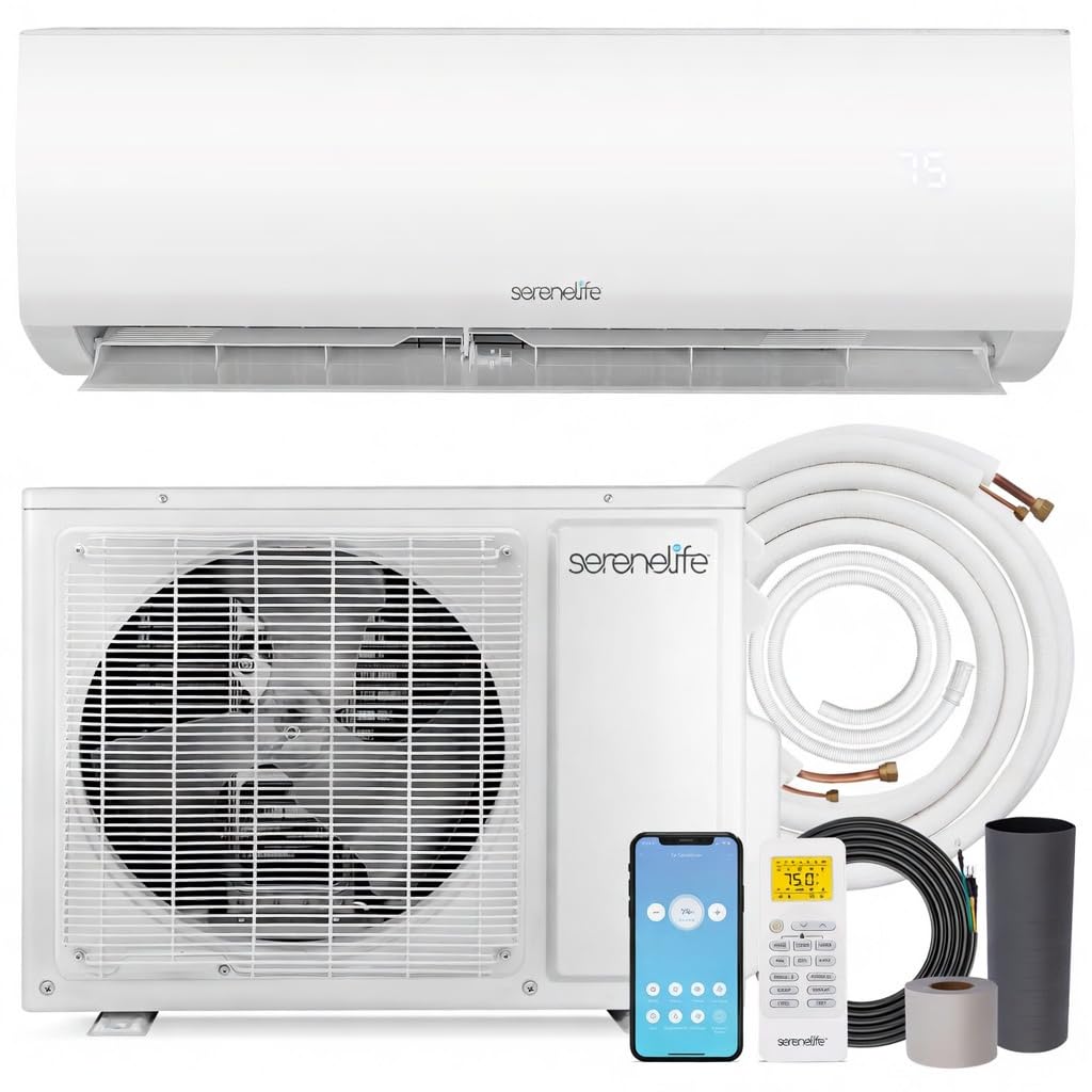 SereneLife 12,000 BTU Mini Split AC & Heating System, 115V Indoor & Outdoor Wall-Mounted Units with WiFi, Installation Kit Inclu