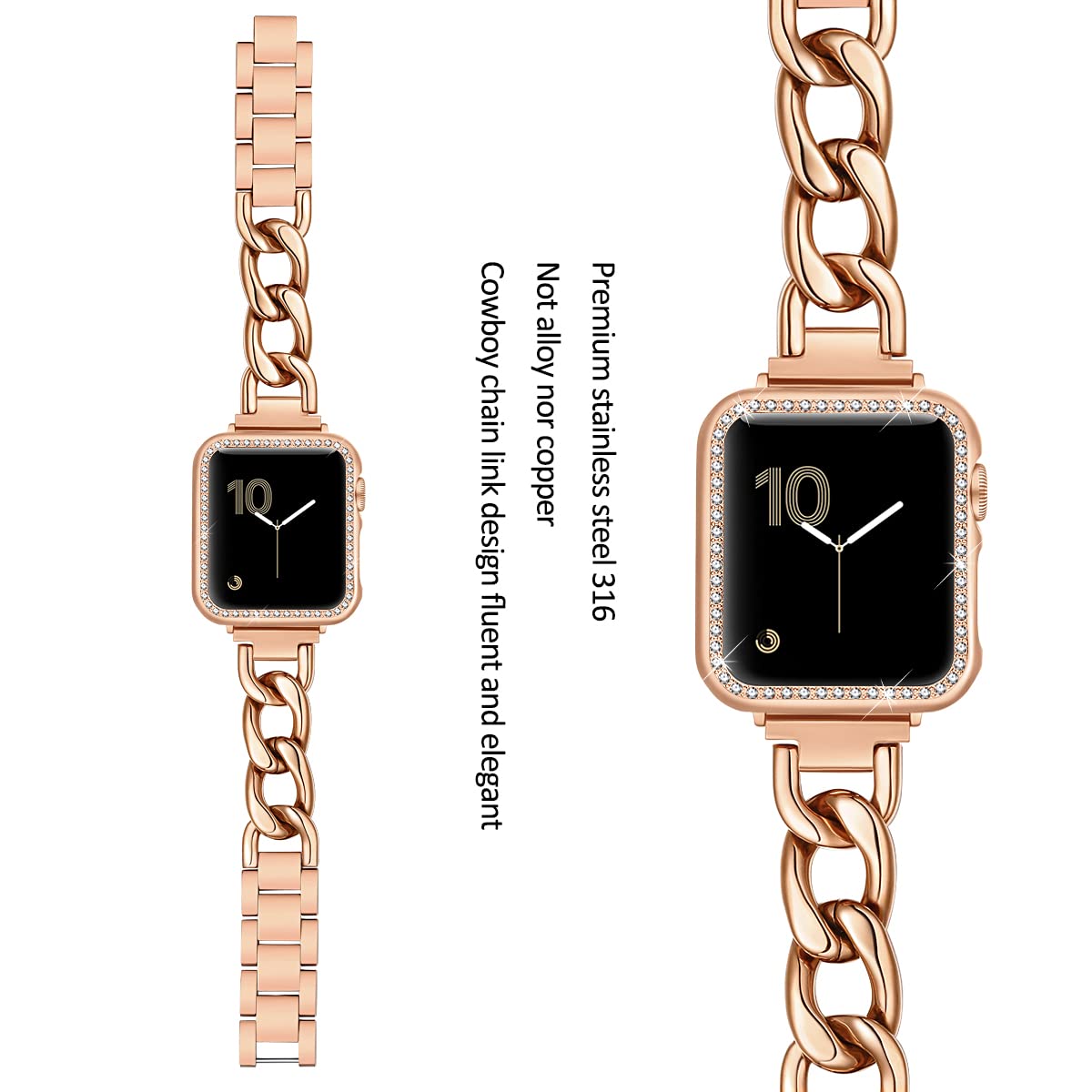 Dilando Cool Chain Metal Link Bands Compatible With Apple Watch 44Mm 42Mm 45Mm With Bling Case Women Men, Stainless Steel Band C