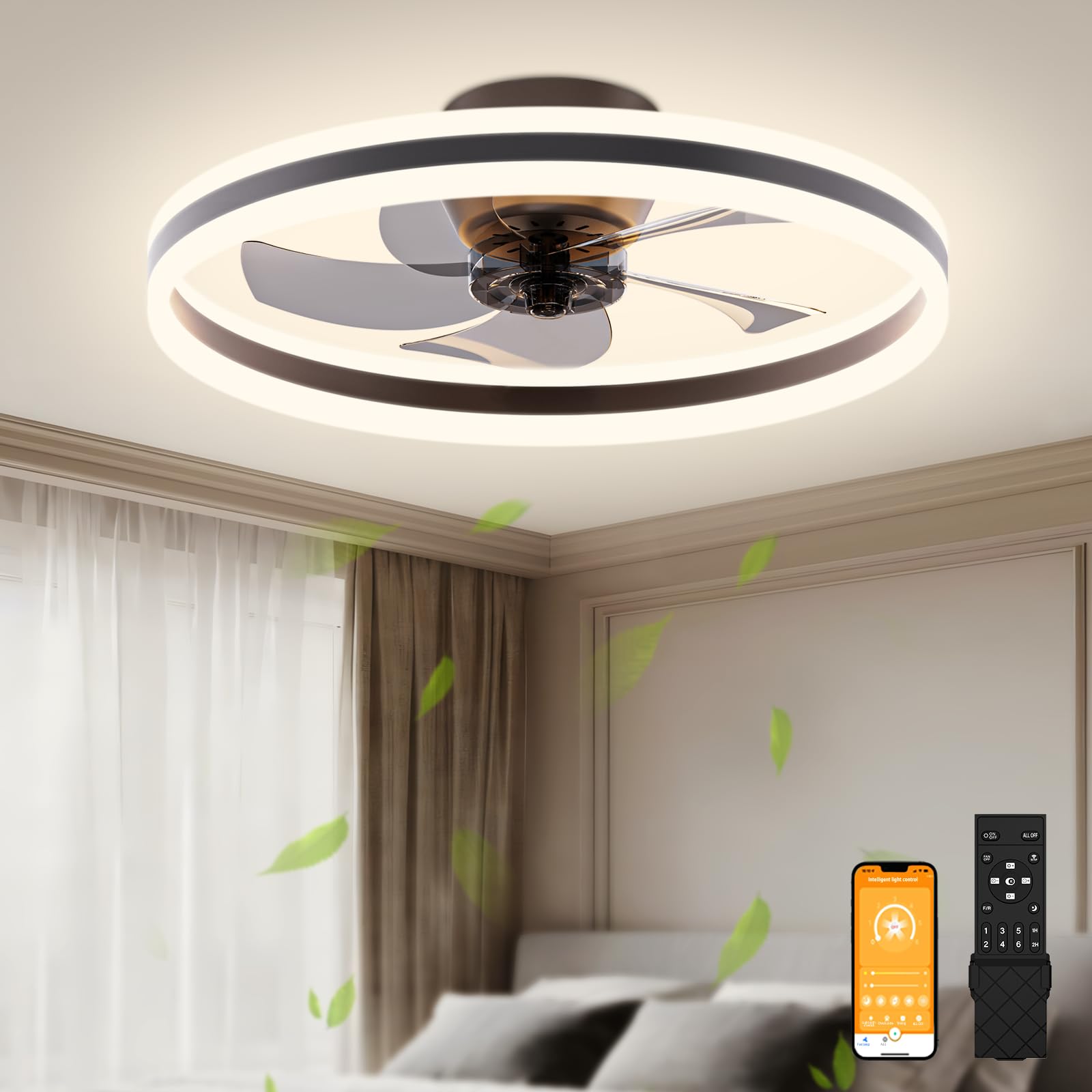 VOLISUN Low Profile Ceiling Fans with Lights and Remote, 19.7in Flush Mount Ceiling Fans with Light, 3000K-6500K Dimmable Bladel