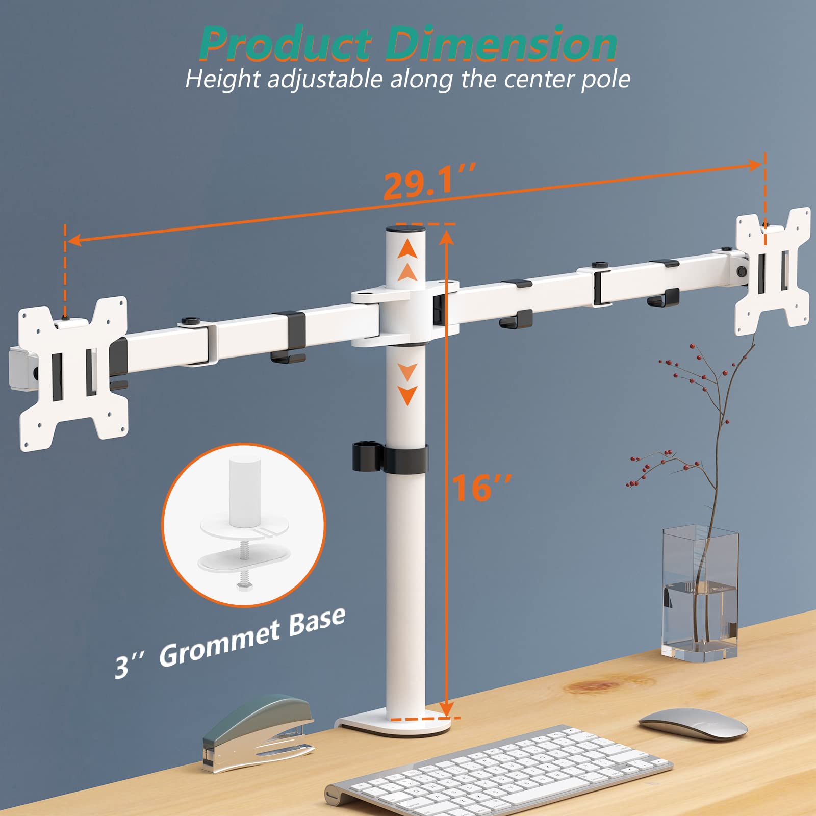 WALI Dual LCD Monitor Fully Adjustable Desk Mount Stand Fits 2 Screens up to 27 inch, 22 lbs. Weight Capacity per Arm (M002 W), White