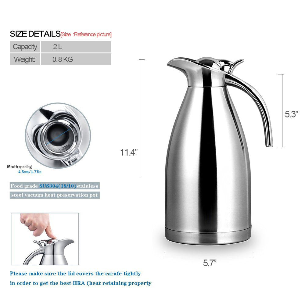 BonNoces Stainless Steel Thermal Carafe - 2L Double Walled Vacuum Insulated Coffee/Tea Thermos - Model 8541894048