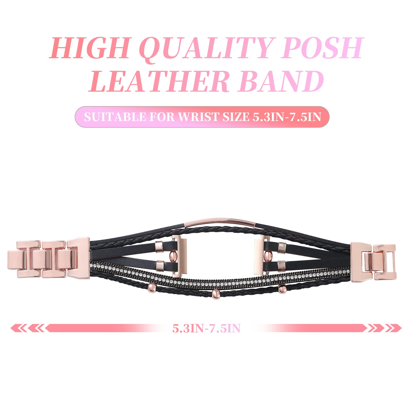 Posh Leather Bands For Samsung Galaxy Watch 5/Watch 6/Watch 4 Band 40Mm 44Mm/Galaxy Watch 5 Pro Band/Watch 4/ Watch 6 Classic Band, 20Mm Boho Bracelet Handmade Strap For Women (Black/Rose Gold)