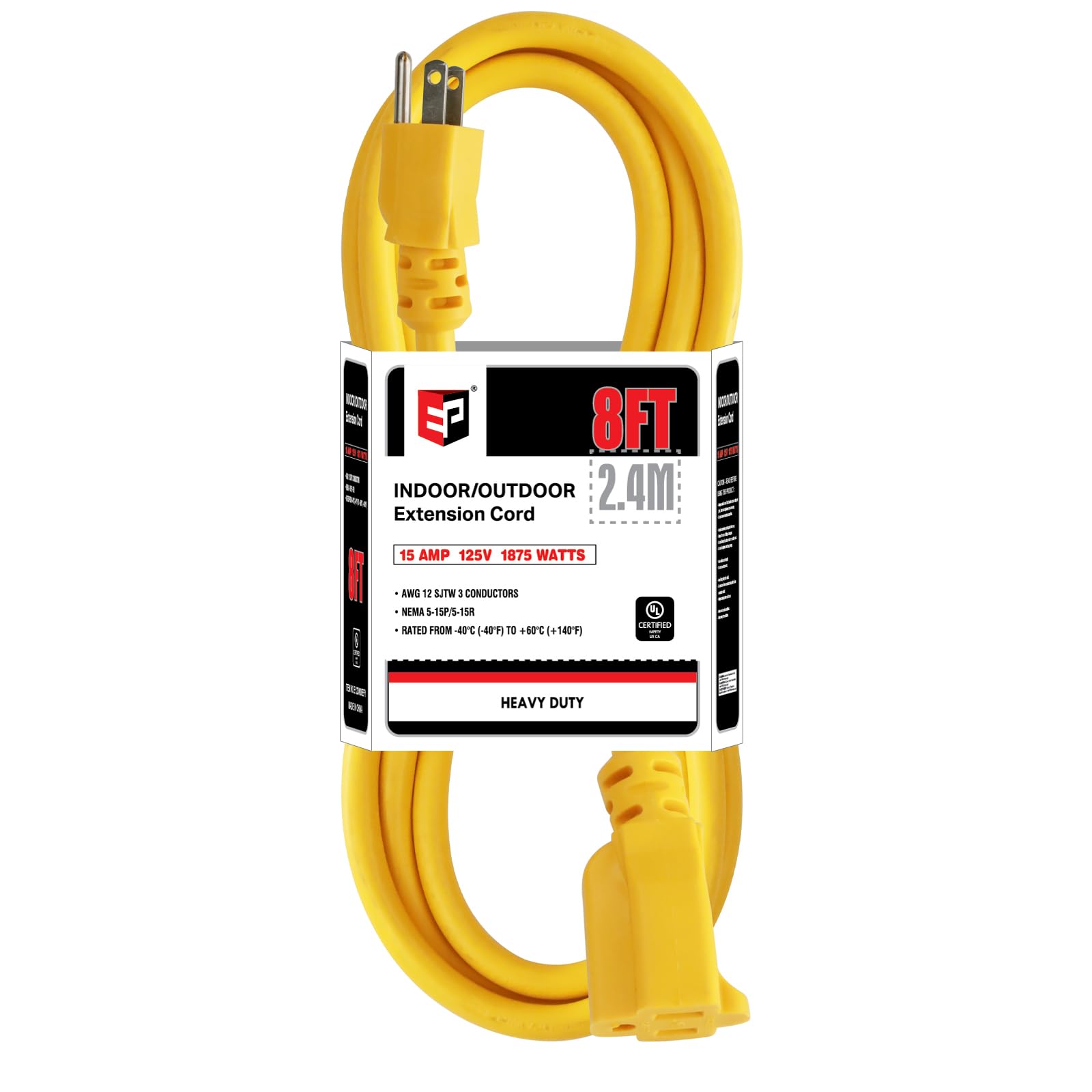 Ep 8 Ft Outdoor Extension Cord, 12/3 Sjtw Heavy Duty Extension Cable With 3 Prong Grounded Plug, 15 Amp Power Cord For Lawn, Gar