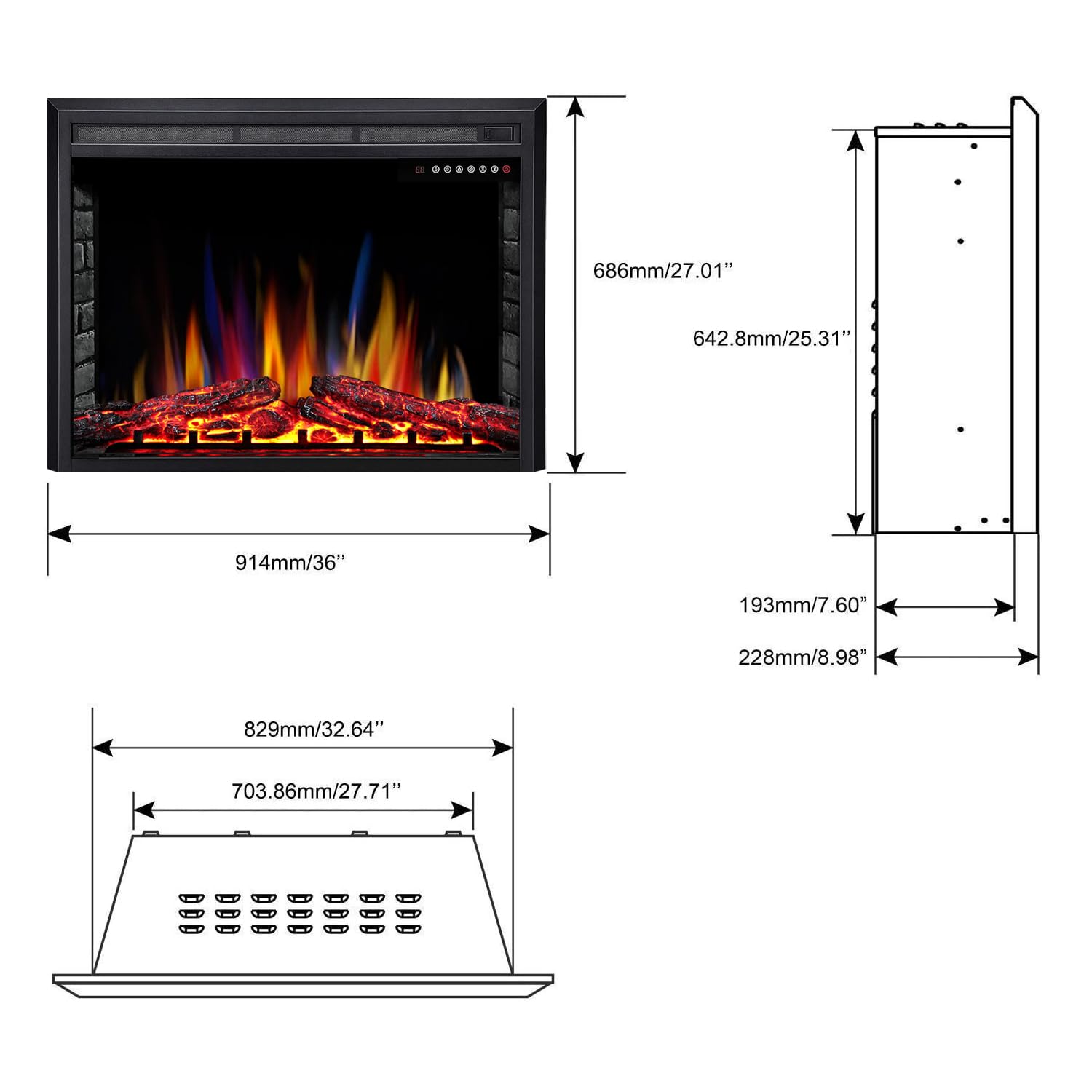 R.W.Flame A-36 Electric Fireplace Insert ,Recessed Electric Stove Heater,Touch Screen,Remote Control,750W-1500W With Timer & Col