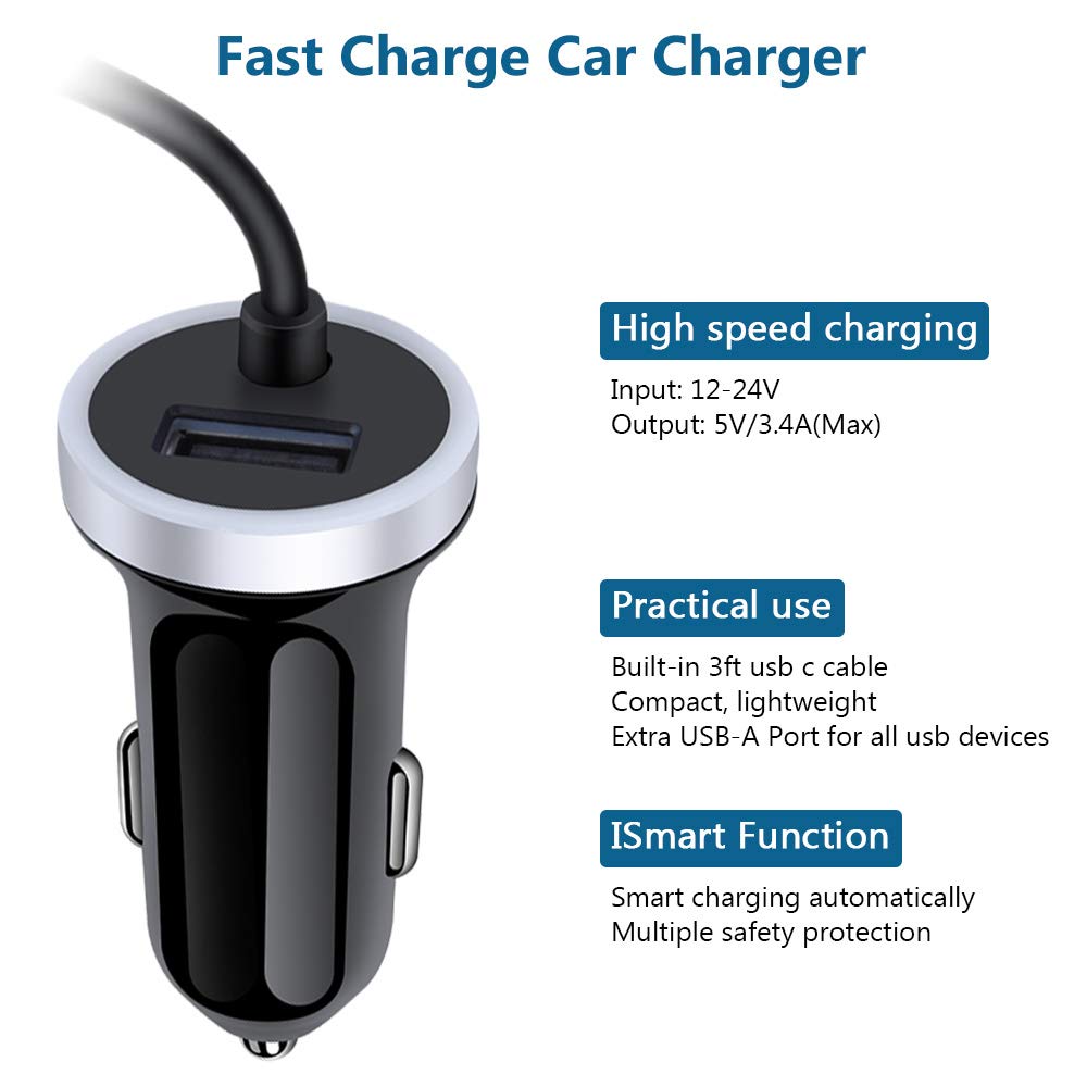 Usb C Car Charger, 3.4A Fast Charging Car Adapter+3Ft Type C Cable For Samsung Galaxy S24 S23 S22 S21 S20 S10 Note 20 A10E A20 A