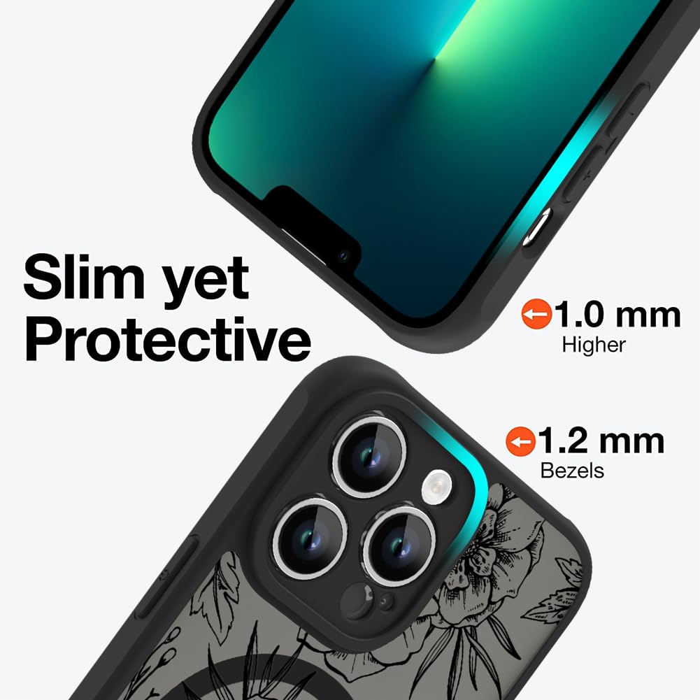 Ook Magnetic For Iphone 13 Pro Case Black Flower Floral Pattern [Compatible With Magsafe] Slim Translucent Matte Camera Lens Pro