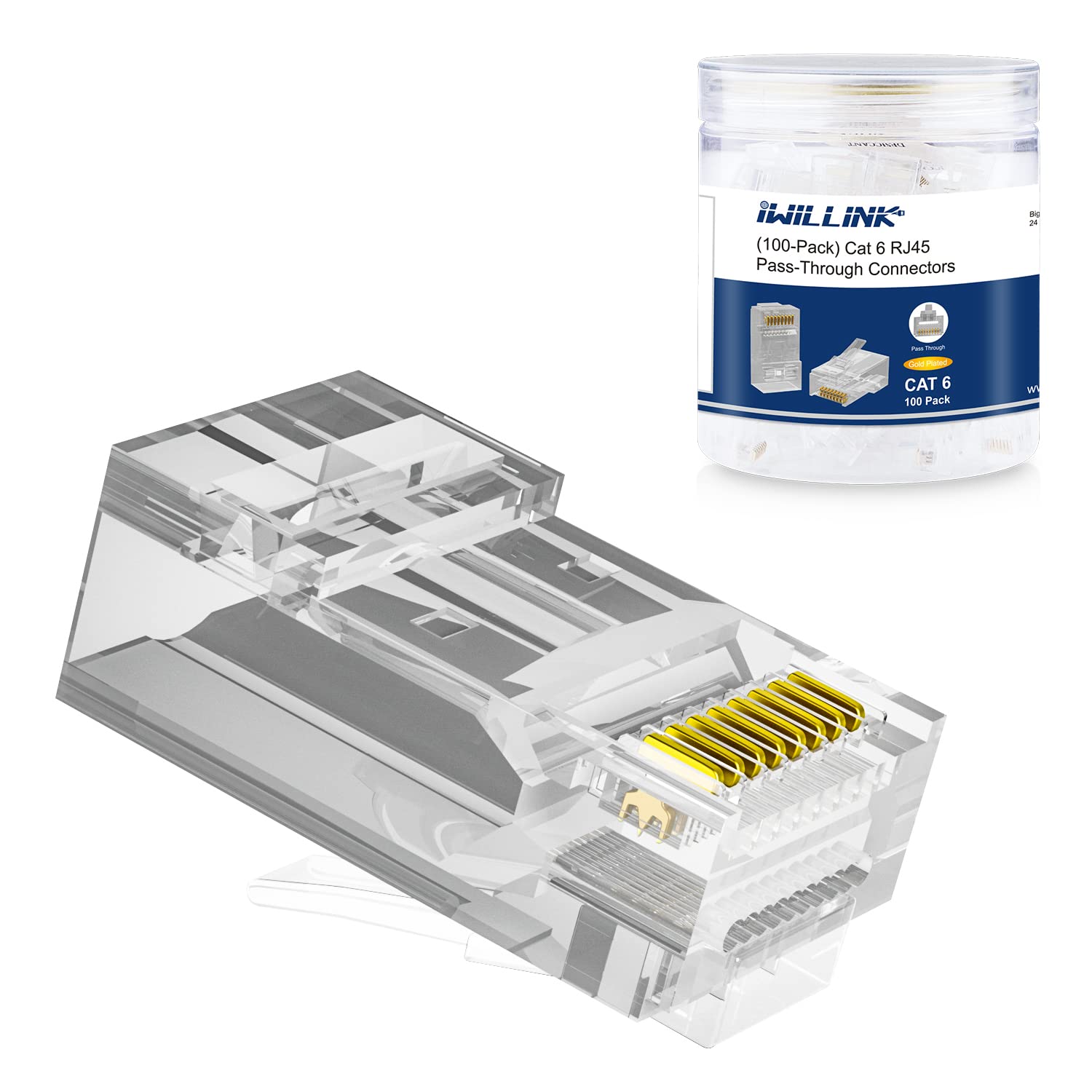 Iwillink 100 Pack Rj45 Cat6 Pass Through Connectors, Ethernet Cable Crimp Connectors Utp Network Plug For Solid Wire And Standar