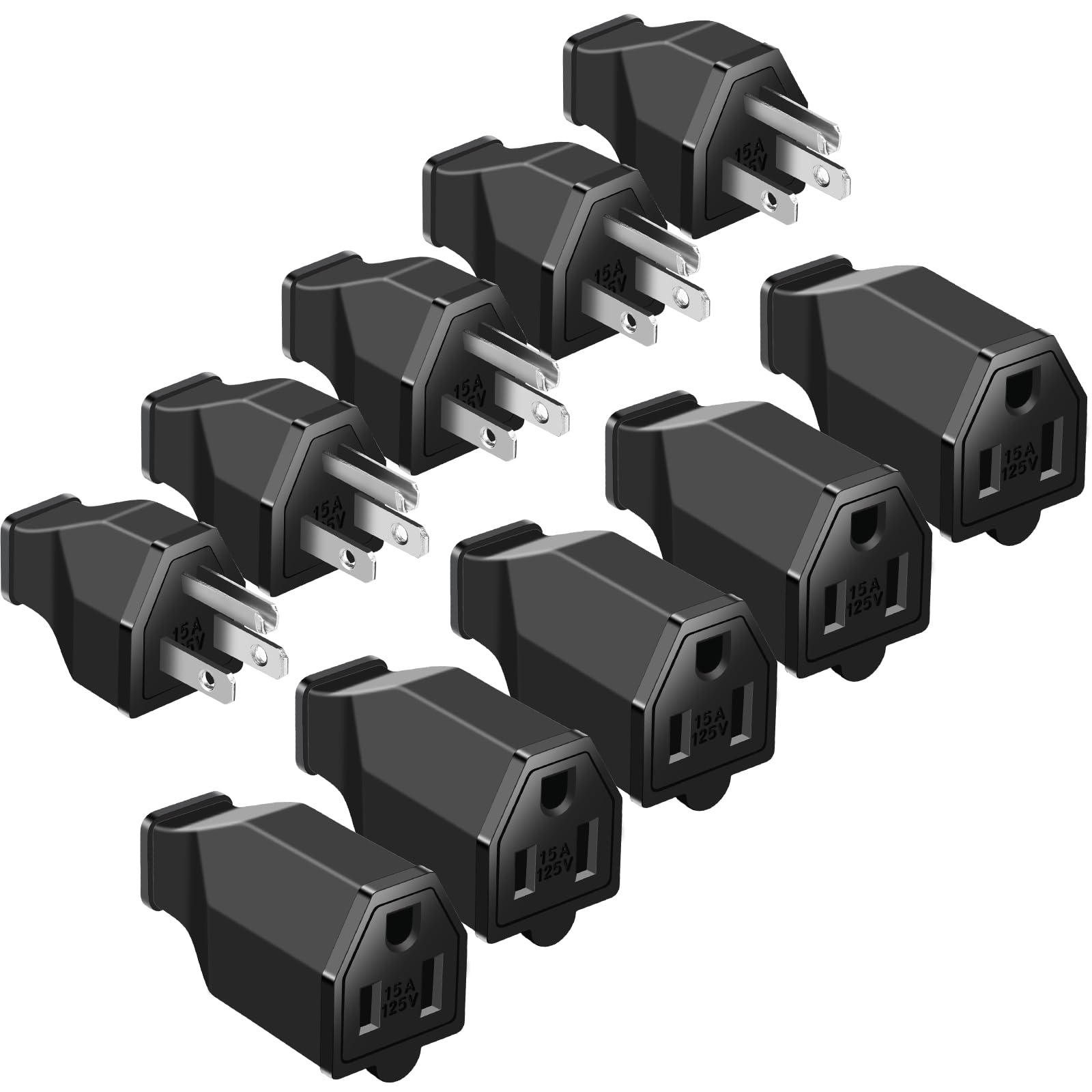 Treela 5 Sets Extension Cord Plug Replacement Extension Cord Ends 125V 15A 2 Pole 3 Wire Male And Female Connector Straight Plug