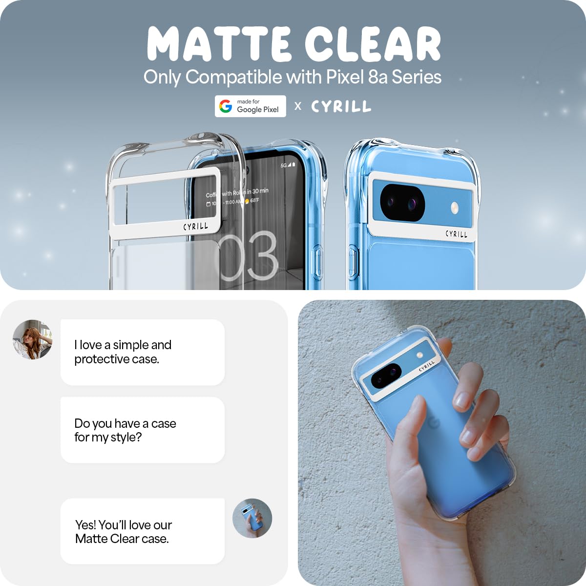Cyrill Cecile Compatible With Google Pixel 8A Case Clear, Matte Frosted [Anti Fingerprint] Shock Absorbent Bumpers Protective Ph
