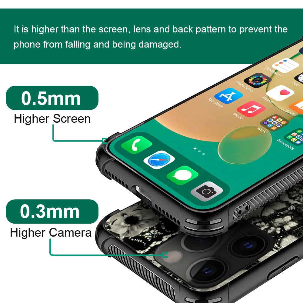ZHEGAILIAN iPhone 14 Pro Phone Case Victorian Gothic Lace Skull Tempered Glass Back Soft TPU Shock Protective