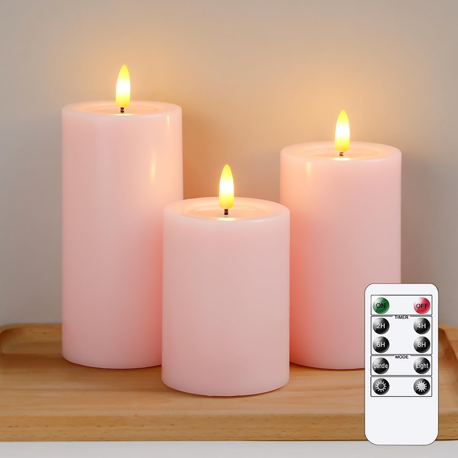 Yeelida Remote Flameless Flickering Pillar Candles With Candle Grease Effect,Pack Of 3 Pink Led Battery Oprated 2/4/6/8 Hours Ti
