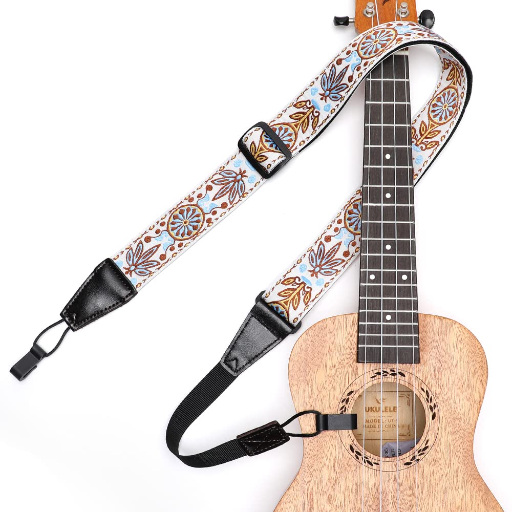 Ukulele Strap No Drill, Ihobor Adjustable Double J Hook Uke Shoulder Strap, Premium Jacquard Dandelion Clip On Ukelele Strap, Ea