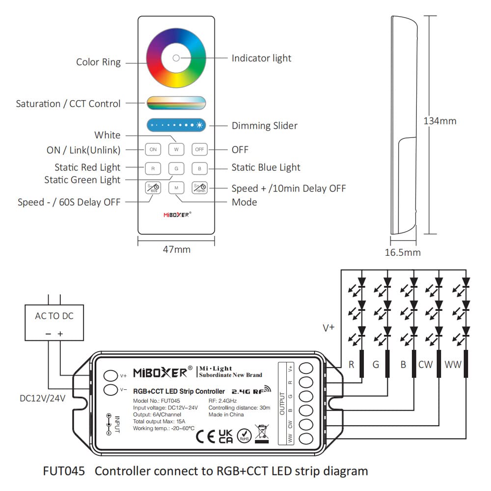 Dc12-24V Fut043A+ Remote Control Indoor Rgb Cct Led Controller Kit (5In1 Remote Kit)
