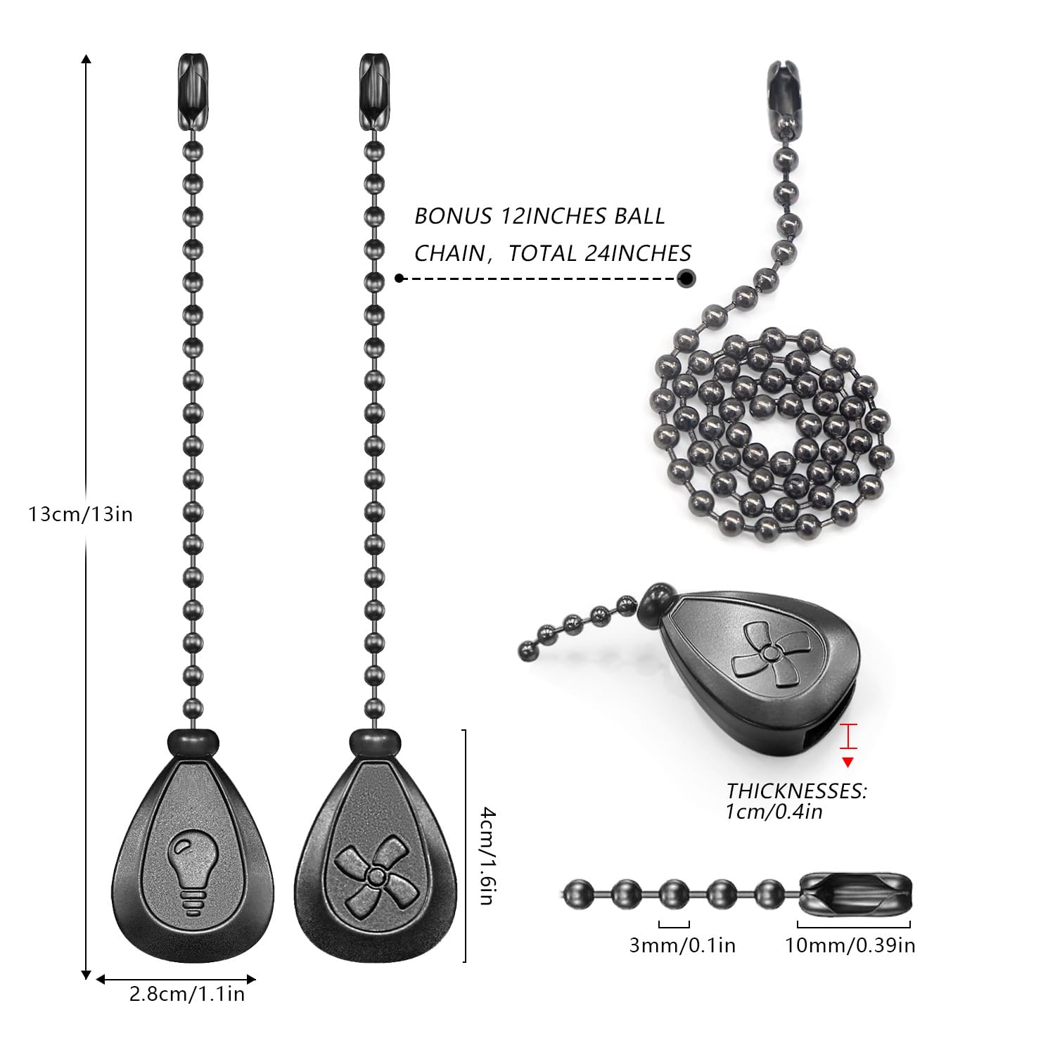 Dotlite Black Ceiling Fan Pull Chain, 2Pcs 12 Inches Decorative Fan Pull Chain Ornaments Extension, 3Mm Diameter Beaded Ball Fan