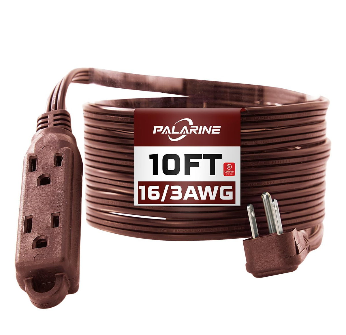 Palarine Flat Plug Extension Cord With 3 Outlets Extender, Power Strip Multiple Outlets, Indoor Extension Cord 16 Gauge 10Ft Bro