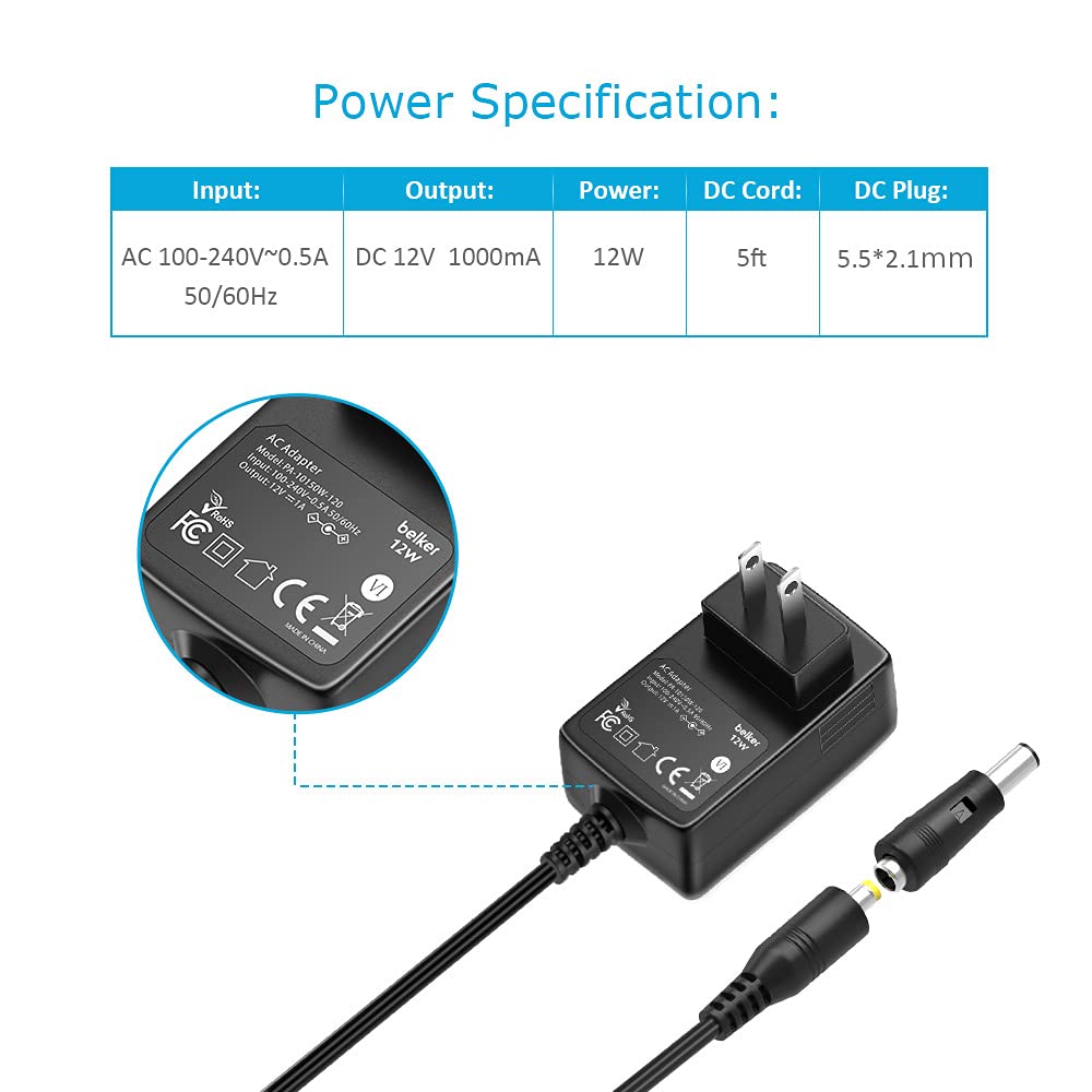 Belker 12V 1A Ac Dc Adapter Wall Charger Power Adapter Supply For 12 Volt Electronics   1000Ma Max.