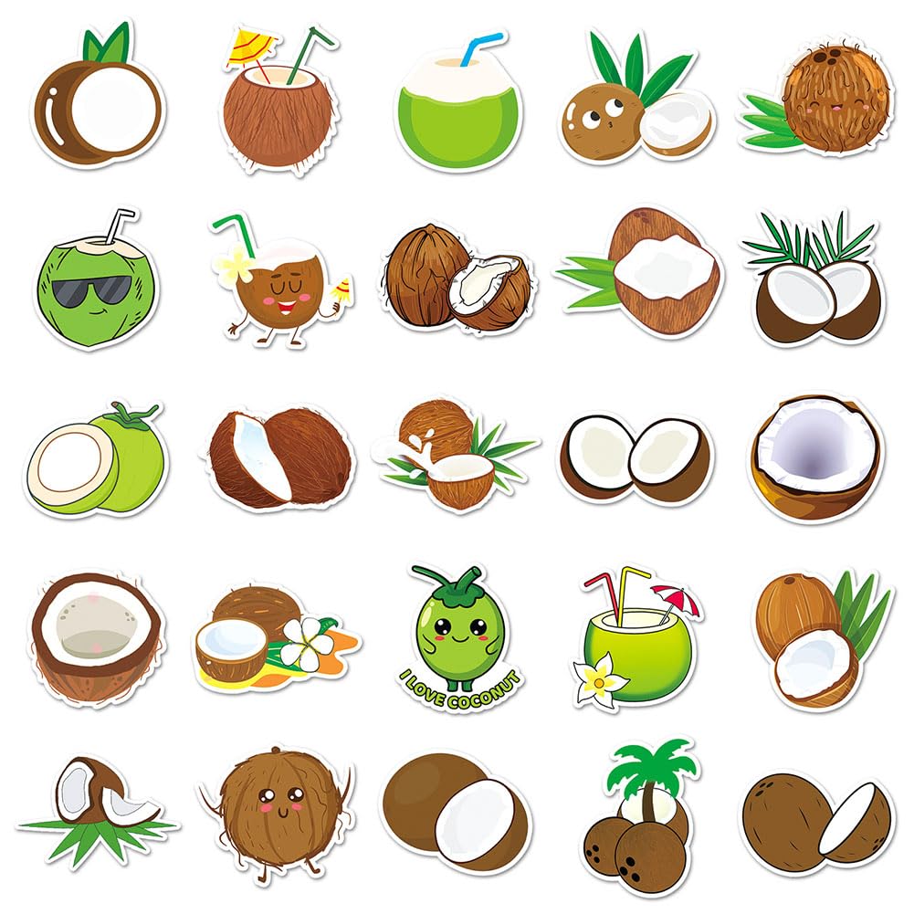 Coconut Stickers |50Pcs Coconut Waterproof Vinyl Decals For Water Bottles Laptop Luggage Cup Computer Mobile Phone Skateboard Gu
