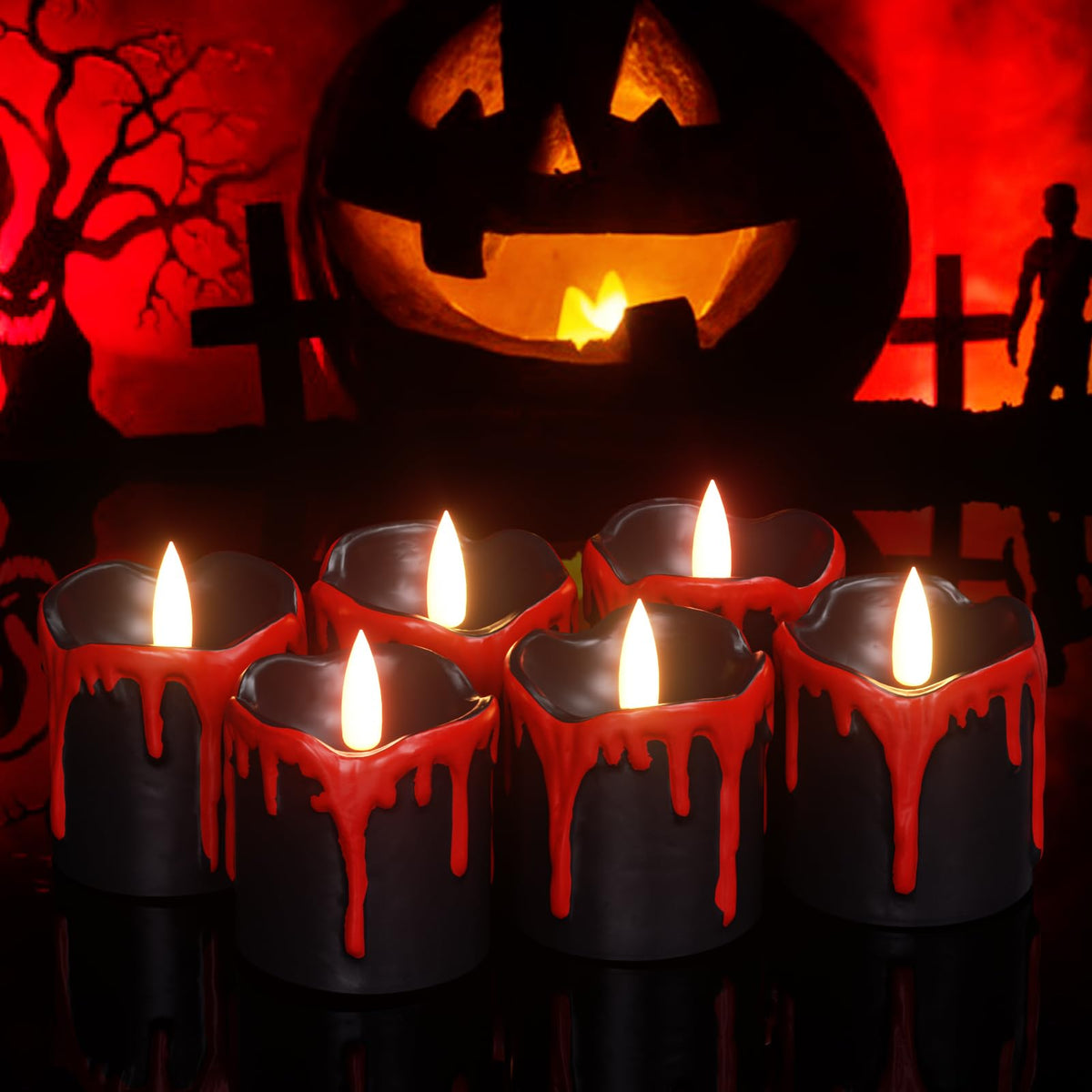 Genswin Halloween Led Votive Candles With Long Lasting Batteries, Flameless Flickering With 6H Timer, 6 Real Wax Black And Red C