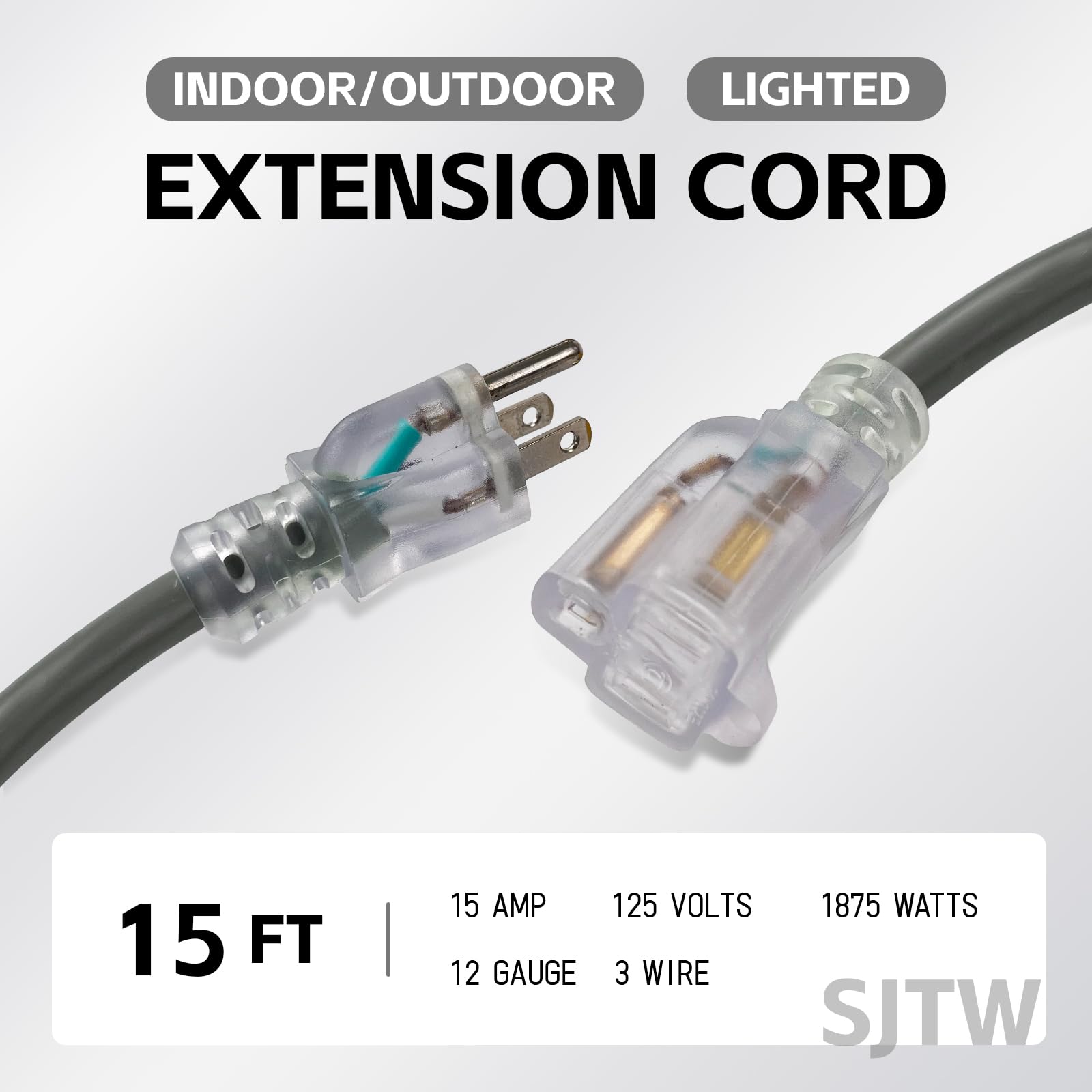 Ep 15 Ft Lighted Outdoor Extension Cord   12/3 Sjtw Heavy Duty Grey Extension Cable With 3 Prong Grounded Plug   Power Cord For