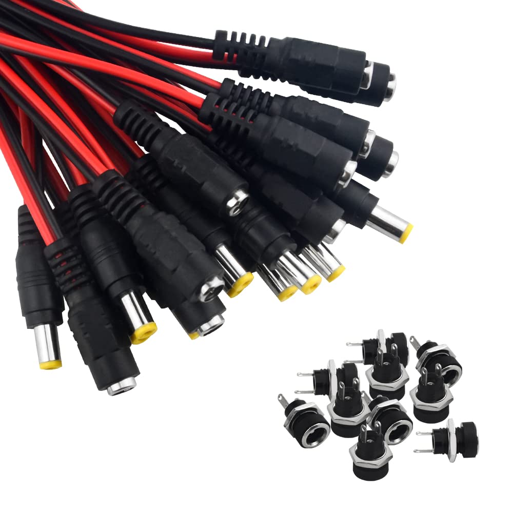 Wmycongcong 20Pcs Dc Power Pigtail Adapter Male & Female For Cctv Dvr Camera Lead Plug Pigtail Cable And 10Pcs Dc Power Jack Soc