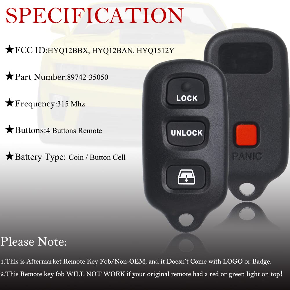 Key Fob Remote Replacement Fits For Toyota 4Runner 1999 2000 2001 2002 2003 2004 2005 2006 2007 2009/Sequoia 2001 2007 Hyq12Bbx