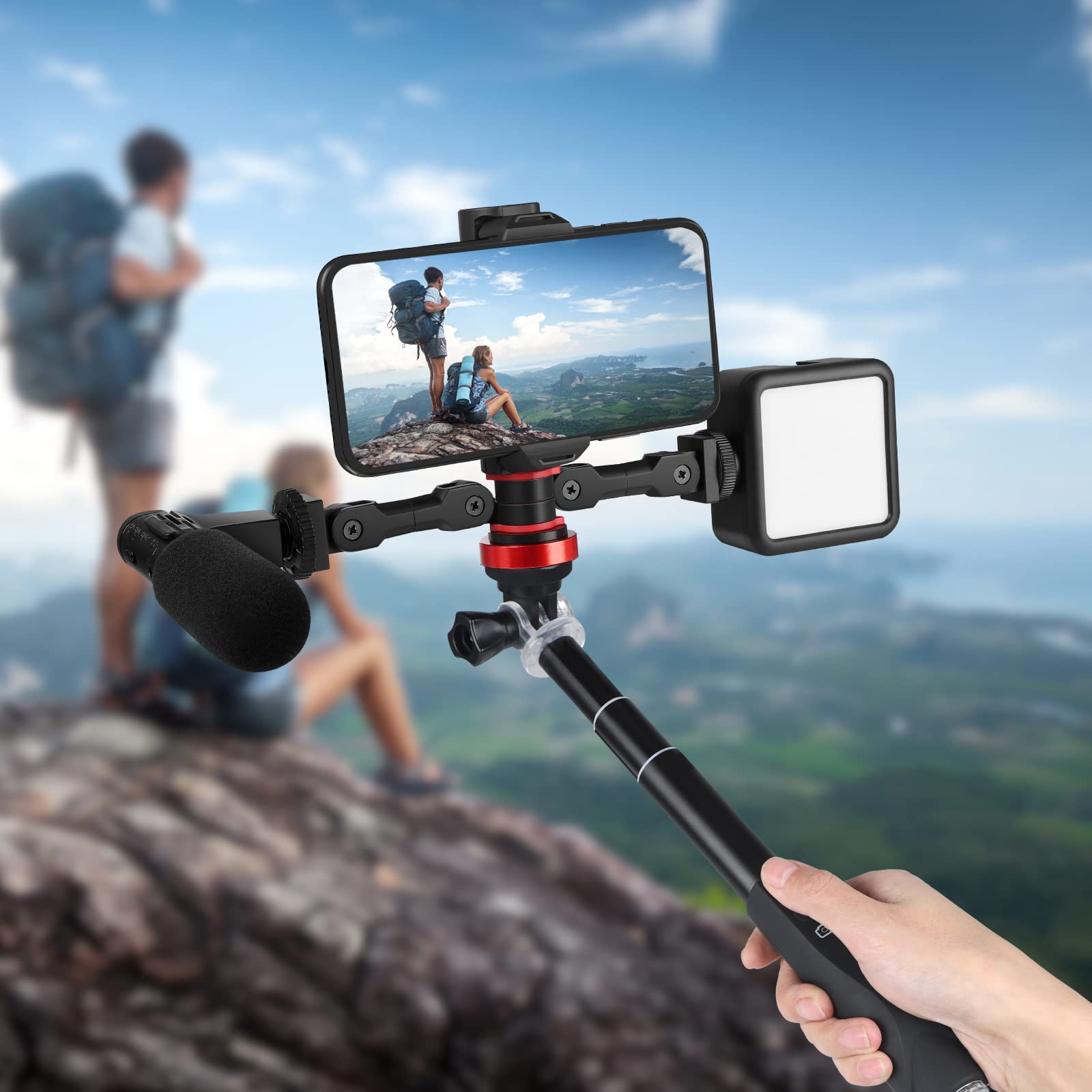 Chromlives Cold Shoe Mount Adapter With Phone Clip,Rotatable Dual Cold Shoe Extension Bracket Hot Shoe Mount Adapter For Led Lig