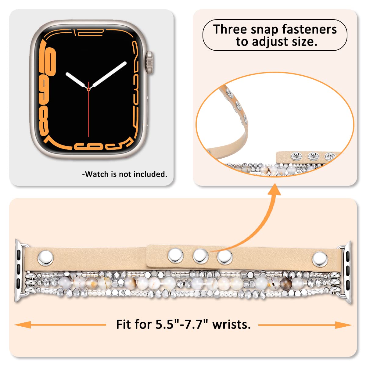 Fastgo Leather Band Compatible With Apple Watch 45Mm 44Mm 42Mm 49Mm Women Girls, Elastic Beaded Bracelet Strap Adjustable For Iw