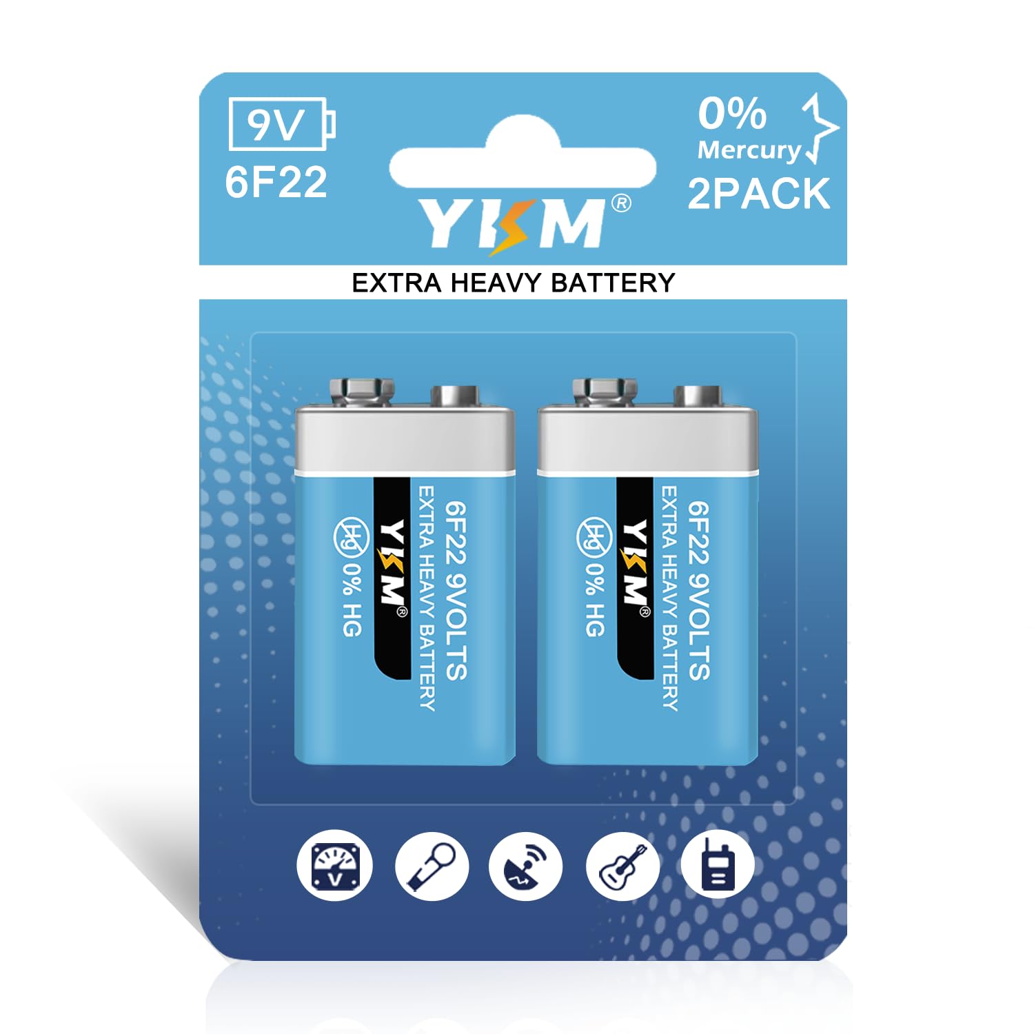 YKM 9V Batteries for Smoke Detector Smoke Alarm Carbon Zinc 9 Volt Battery 2 Pack
