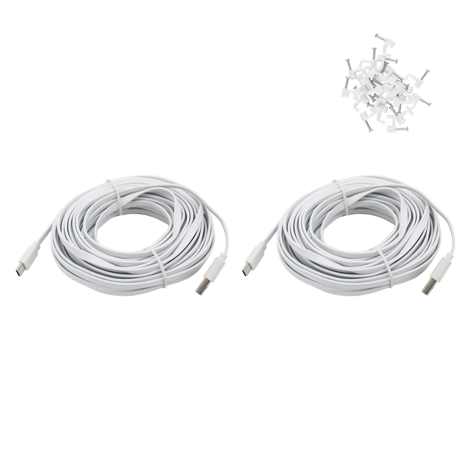 2 Pack 25 Ft Usb C Cable For Security Camera Outdoor Indoor, Type C Extension Charging Cord Flat, Waterproof, With Wire Clips