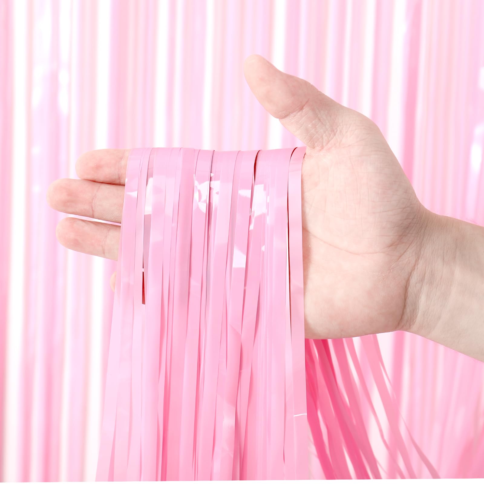 Voircoloria 3 Pack 3.3 X 8.2 Ft Pasel Pink Foil Fringe Backdrop Curtains, Tinsel Streamers Birthday Party Decorations, Fringe Ba