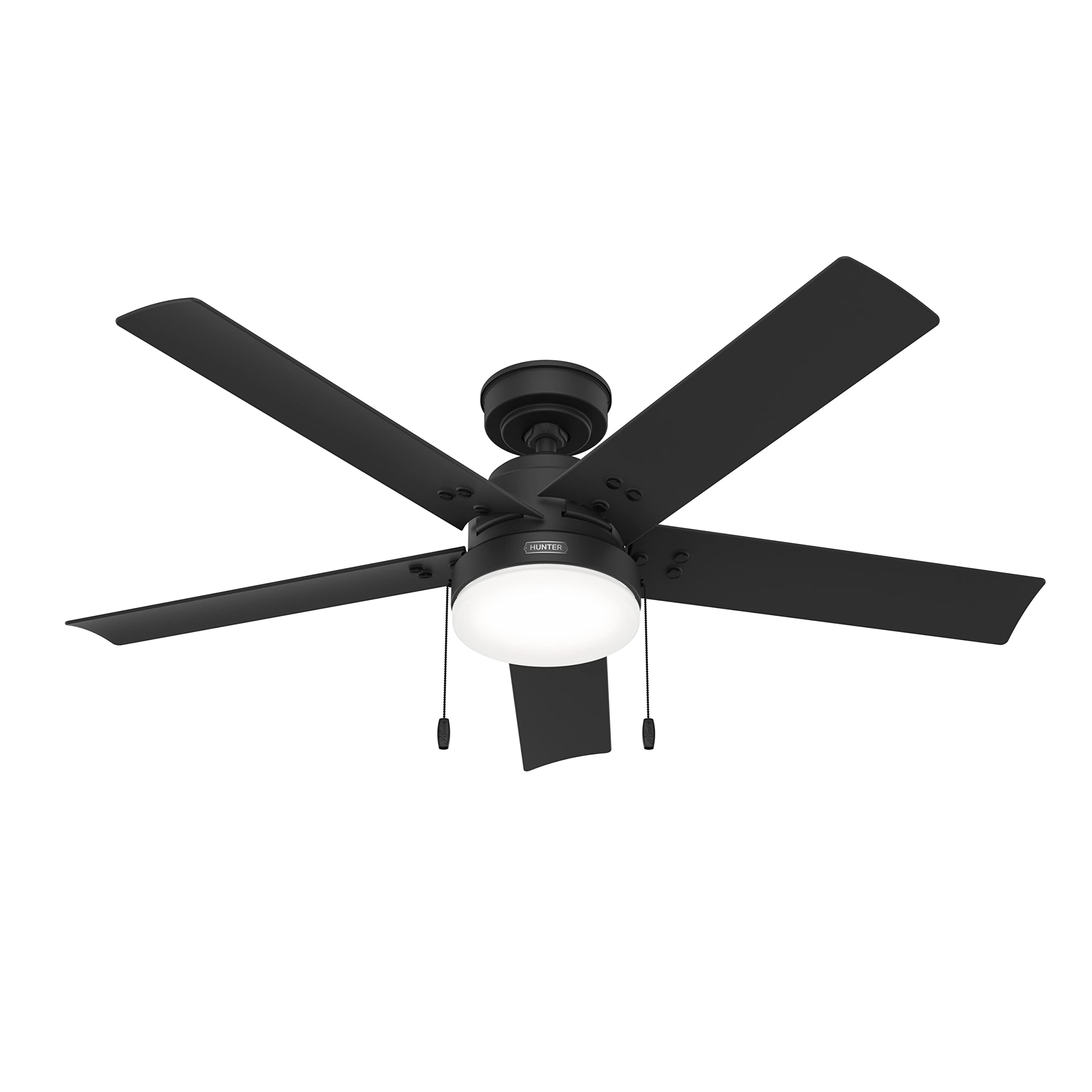 Hunter 52 inch Outdoor or Indoor Ceiling Fan with LED Light and Pull Chain - Black Ceiling Fan, Standard Mount, 5 Blades, For Pa