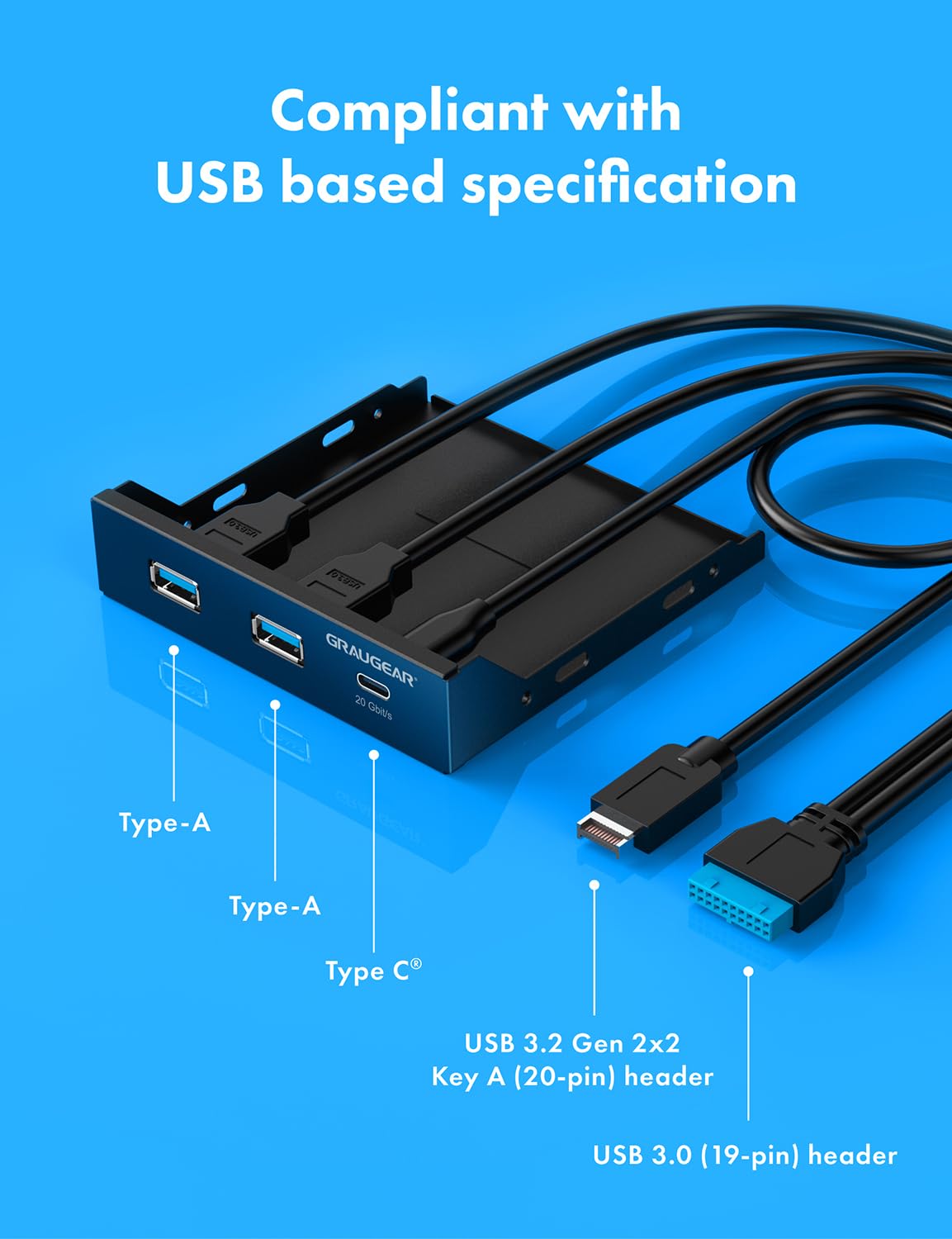 Graugear 3.5 Inch Front Panel Usb Hub, Internal Usb Hub With 20Gbps Usb3.2 Gen2 Usb C And Usb 3.0 Ports, 20 Pin Type E Key A Hea