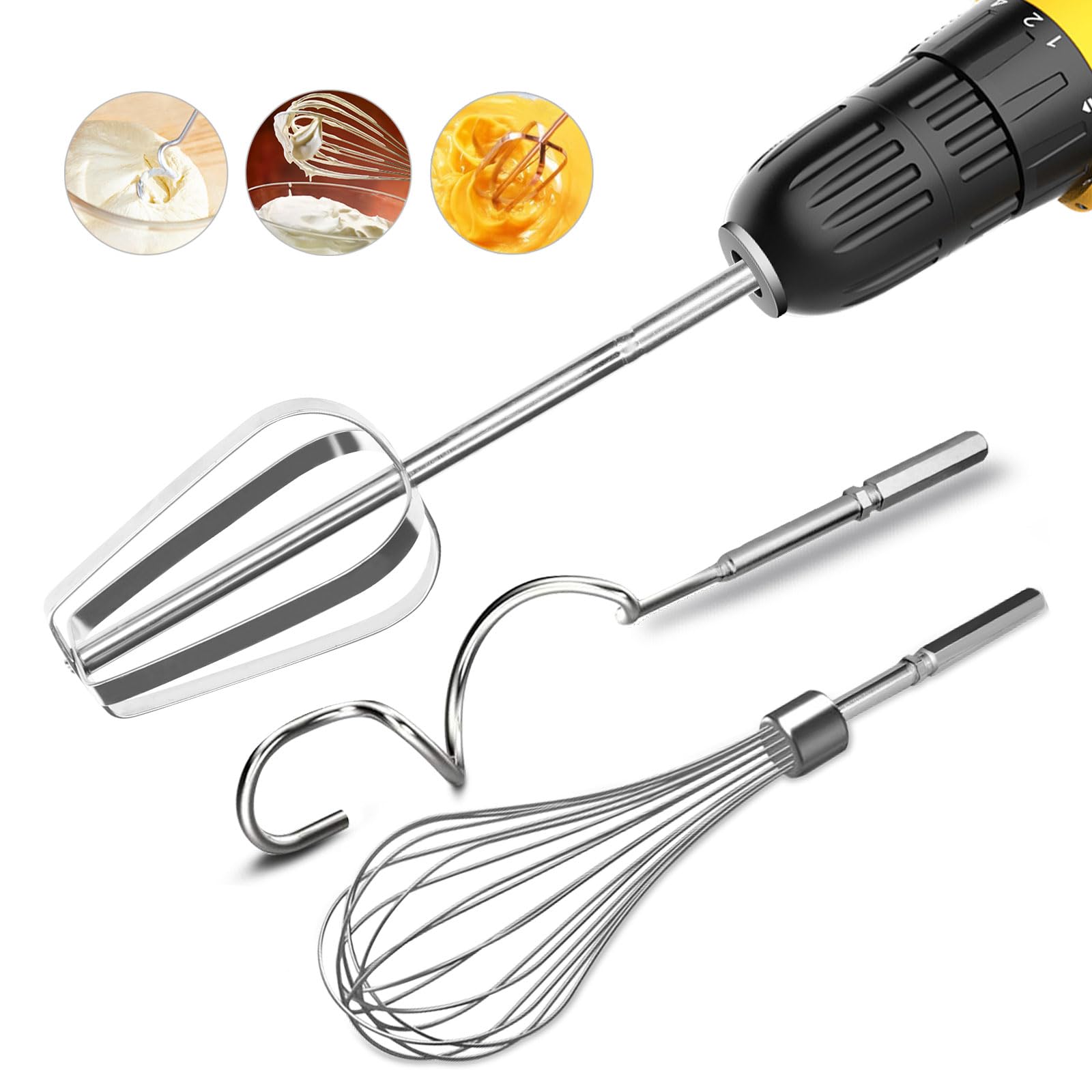 homicozy 3-Piece Stainless Steel Hand Mixer Attachment Set - Whisk, Dough Hook, Egg Beater for Drills - Dishwasher Safe, 7.5 Inc
