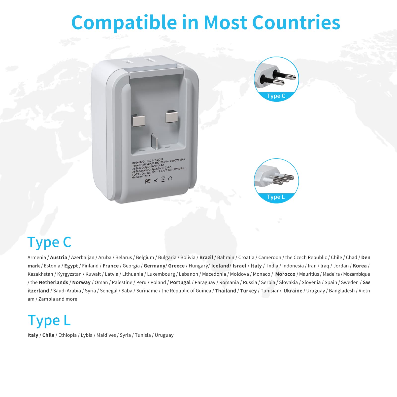 European Travel Plug Adapter Kit, Vintar International Plug Adapter With 3 Usb Ports (2 Usb C, 3.4A) 2 American Outlets, Type L,