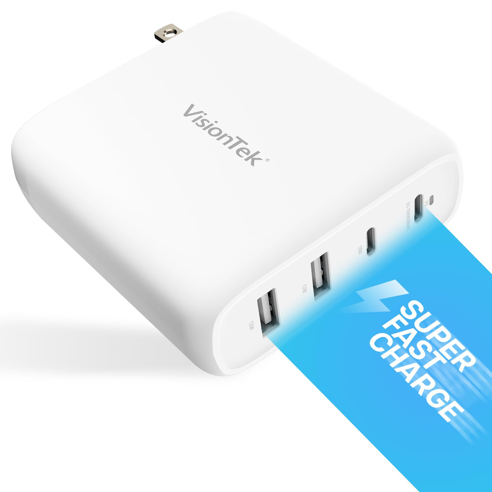 VisionTek GaN II 100W Wall Fast Charger - Quad Ports 2X USB-C 2X USB-A - Compatible with MacBook Pro/Air, Ipad, iPhone, Galaxy, 