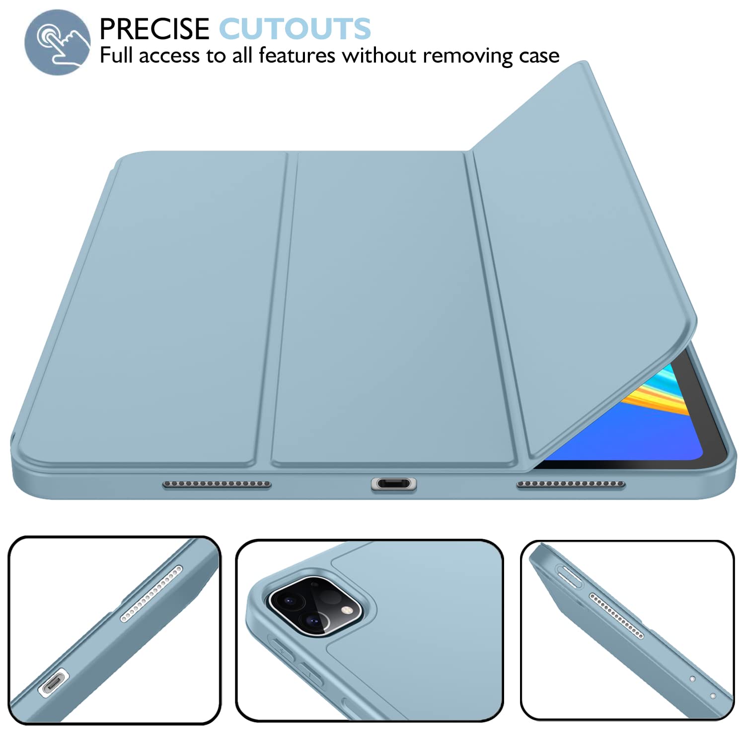 Imieet New Ipad Pro 11 Inch Case 2022(4Th Gen)/ 2021(3Rd Gen) With Pencil Holder [Support Ipad 2Nd Pencil Charging/Pair],Trifold Stand Smart Case With Soft Tpu Back,Auto Wake/Sleep(Light Blue)