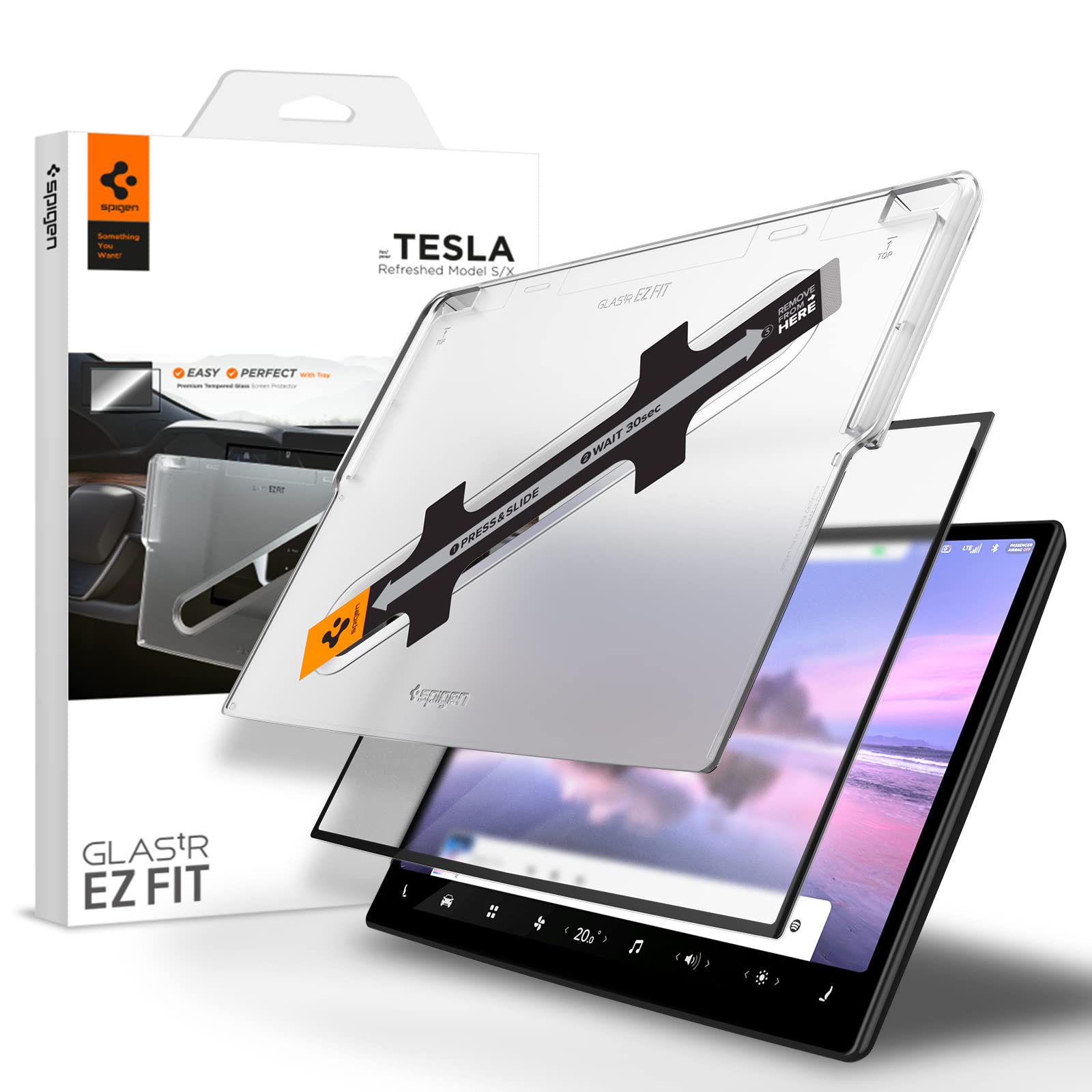 Spigen Tempered Glass Screen Protector [Glastr Ez Fit] Designed For Tesla Model S (2025 2021), Tesla Model X (2025 2022) 17 Inch Dashboard Touchscreen   Matte/Anti Fingerprint