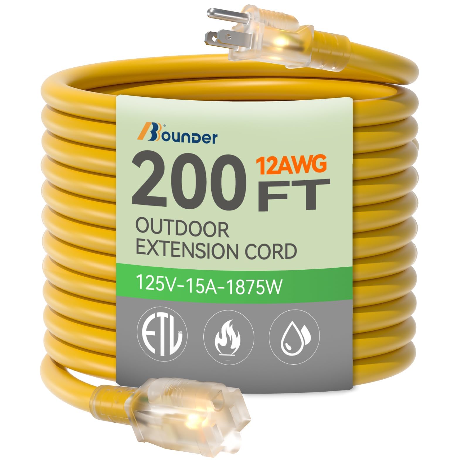 Bbounder 12 Gauge Extension Cord 200 Ft With Lighted And Yellow Jacket, 15A 1875W Heavy Duty Outdoor Extension Cord Waterproof W