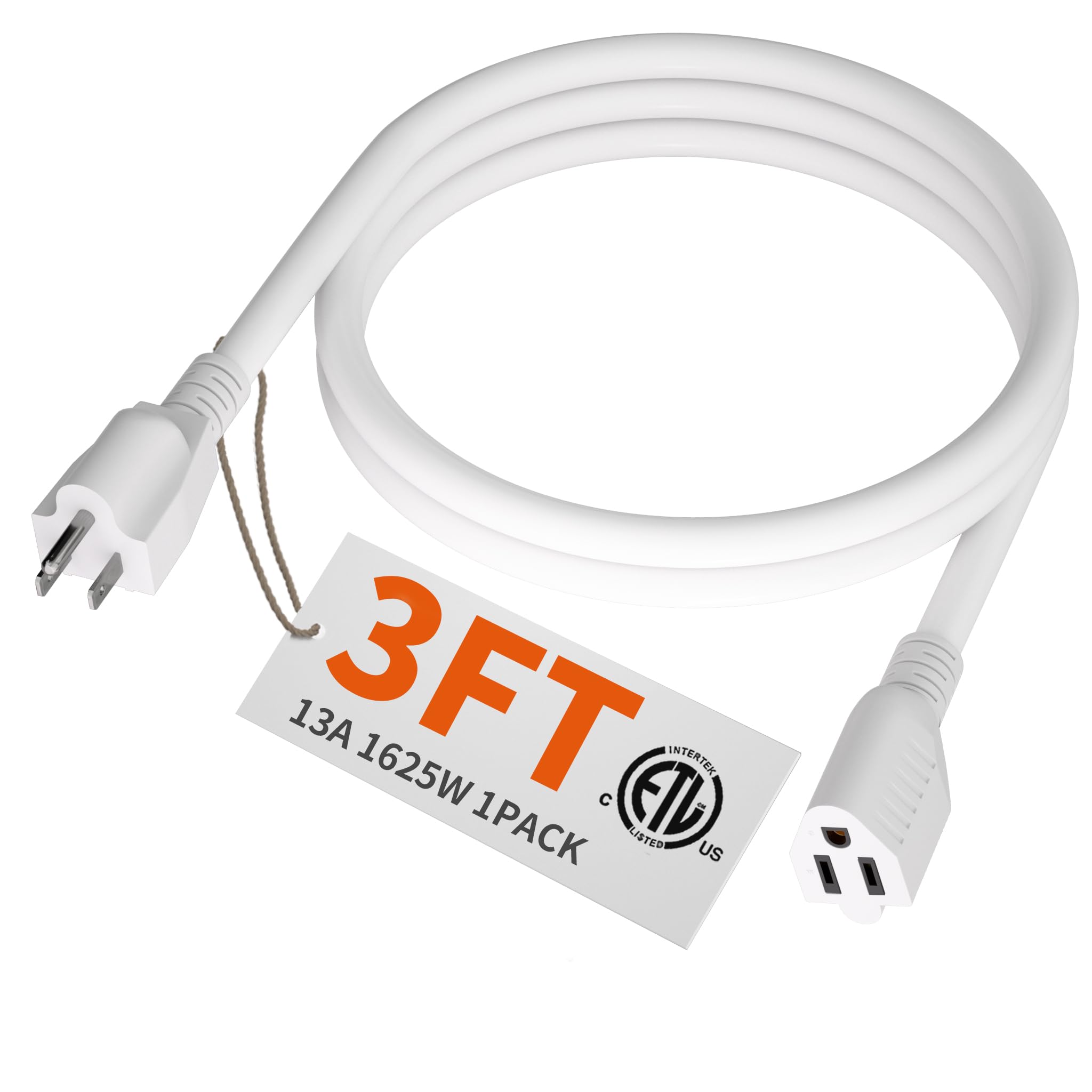 Huanchain 3 Ft 16 Gauge White Indoor Outdoor Extension Cord Waterproof, Flexible Cold Weather 3 Prong Electric Cord Outside, 13A