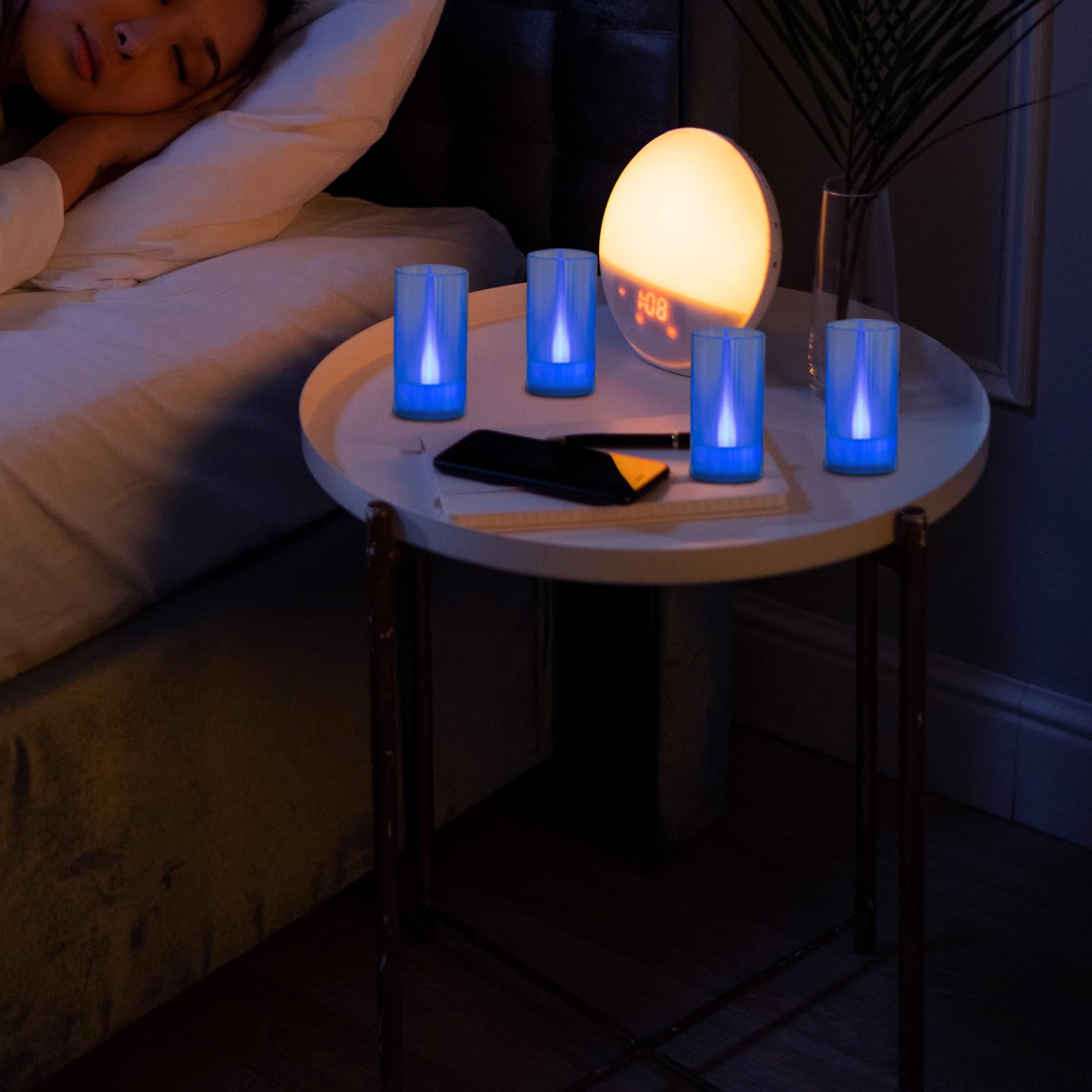 Lanker Flameless Candles, Battery Operated Led Pillar Candles, D1.5 X H3 Inch, Romantic Flickering Blue Long Flame Effect Light,