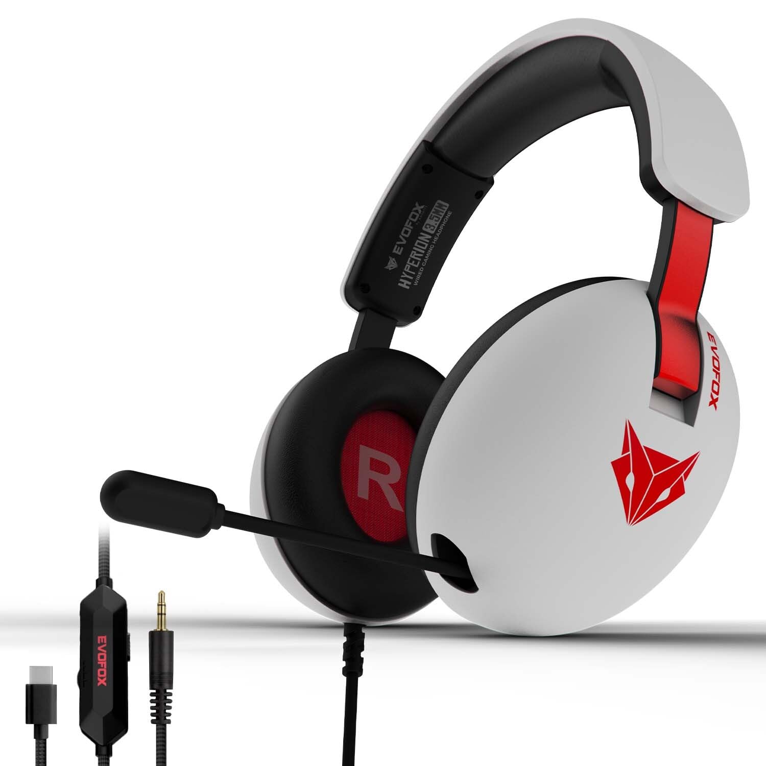 Evofox Hyperion Gaming Headphones With Mic  White, 50Mm Drivers, Immersive Surround Sound, Retractable Mic, Wired (3.5Mm + Type