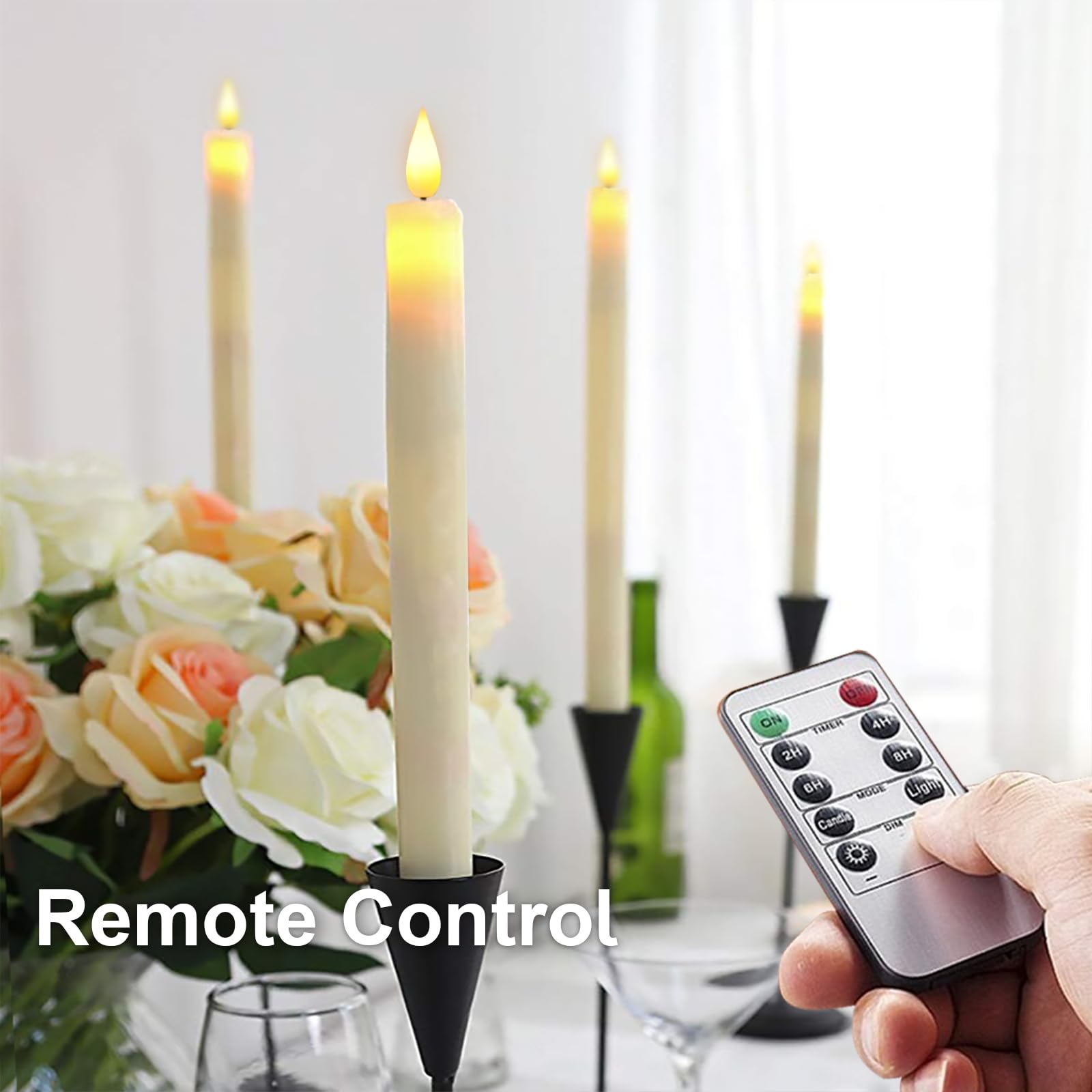 Raycare 6 Pcs Flameless Taper Candles With Remote And Timer, Real Wax White Led Candlesticks Battery Operated, 9.6 Inch Window C