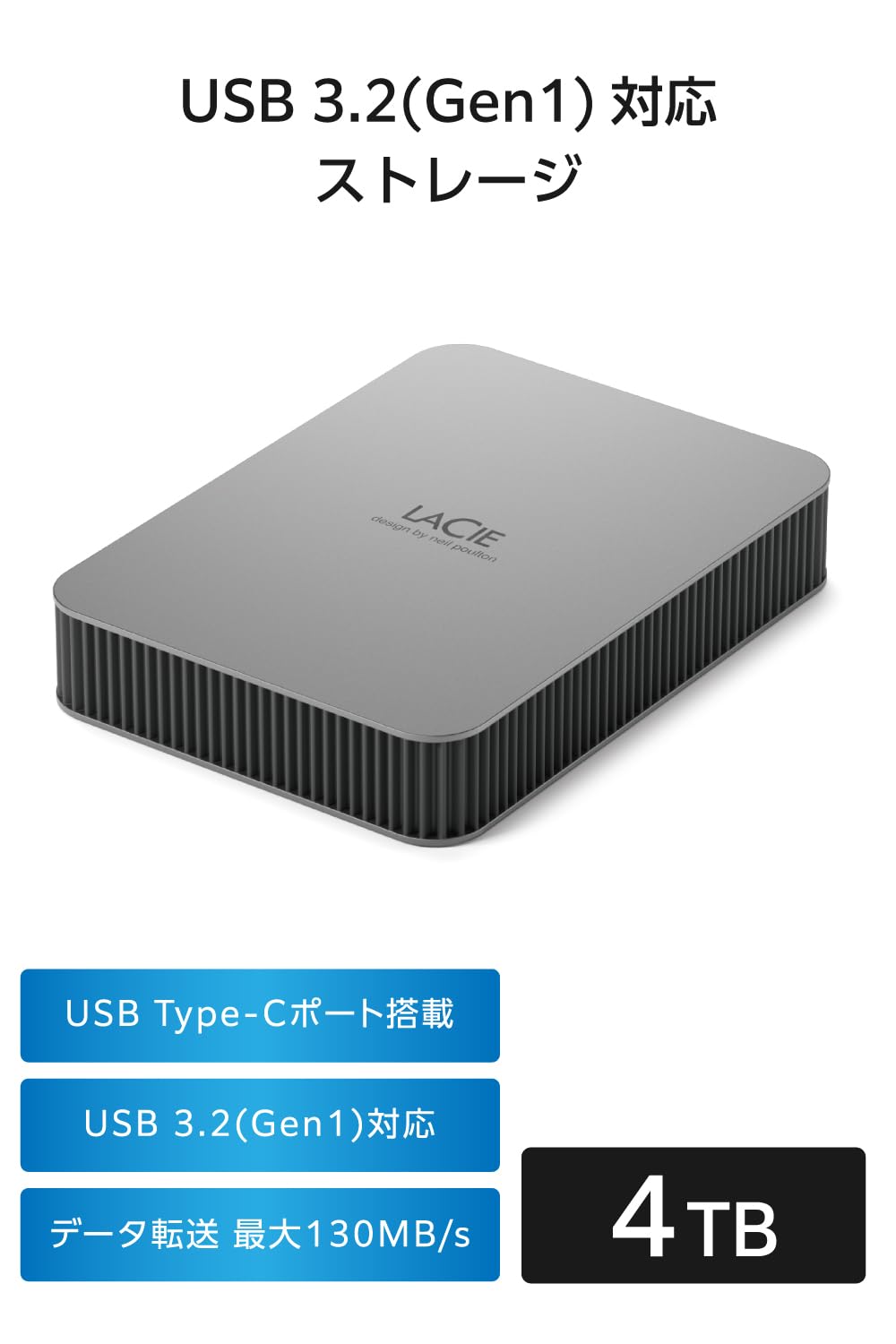 Lacie Mobile Drive Secure 4Tb External Hard Drive Portable Hdd - Space Grey, Usb-C 3.2, For Pc And Mac, Post-Consumer Recycled,