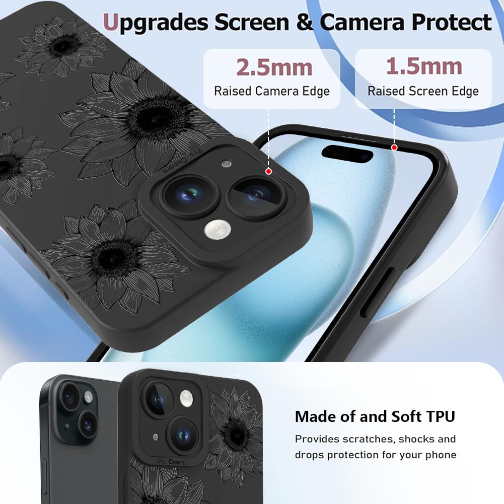 Ook Floral Case For Iphone 15 Plus Case, Cute Sunflower Floral Blooms Design Soft Tpu Shockproof Protective For Women Girls Phon