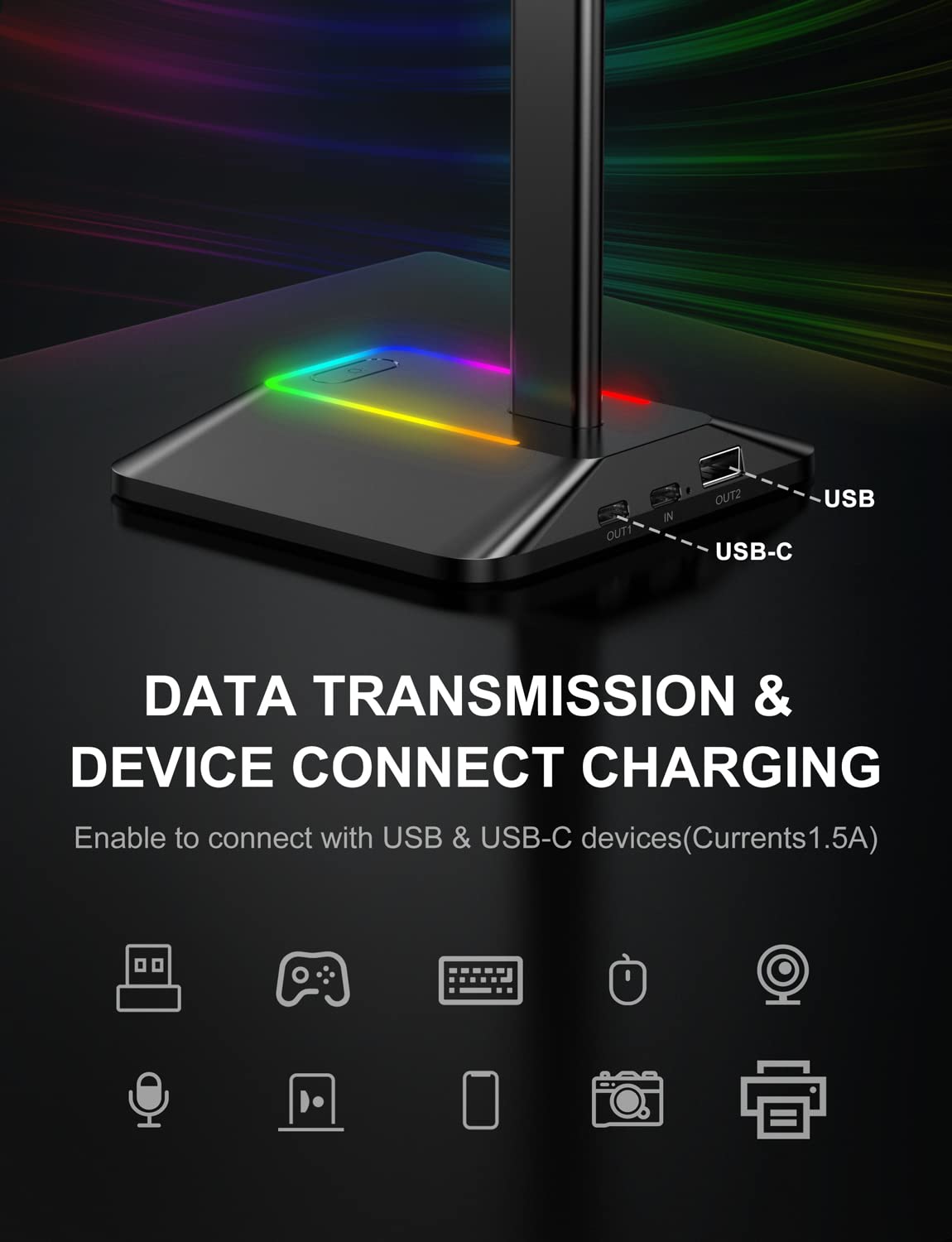 New Bee Rgb Headphone Stand With 1 Usb-C Charging Port And 1 Usb Charging Port, Desk Gaming Headset Stand With 7 Light Modes For