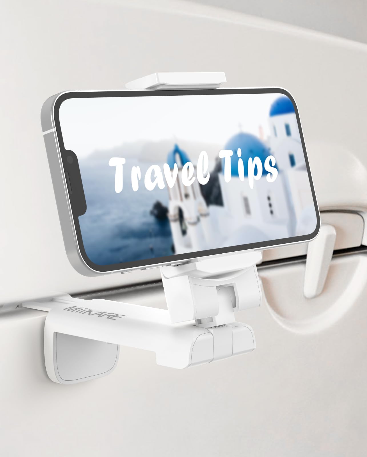 Miikare Airplane Phone Holder, Universal Handsfree Mount With 360 Rotation, Travel Accessory For Airplane, Desk & Table - White